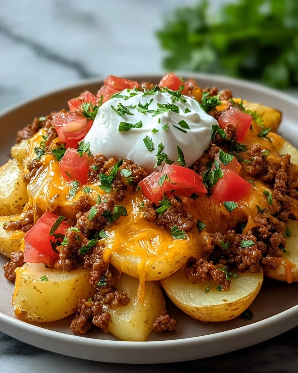 Sliced yellow potatoes with light brown skin form the bottom layer on a white plate; on top, there is a layer of cooked ground beef mixed with melted bright orange cheddar cheese. Diced red tomatoes and small green parsley pieces are scattered over the beef and cheese. A dollop of smooth white sour cream sits at the center, garnished with more chopped green parsley. The plate is placed on a white marbled texture. photo taken with an iphone --ar 4:5 --v 7