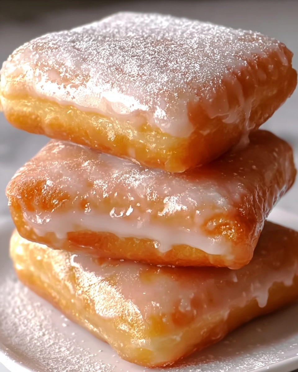 A close-up view of three square golden brown fried dough pieces stacked on top of each other, each with a shiny coat of sticky white glaze that looks smooth and slightly thick. The top piece is dusted lightly with powdered sugar, giving it a soft white dusted texture. The dough squares have slightly puffed edges and a crisp surface with a glossy finish that catches light, making them look moist and sweet. They rest on a white plate against a white marbled background. photo taken with an iphone --ar 4:5 --v 7