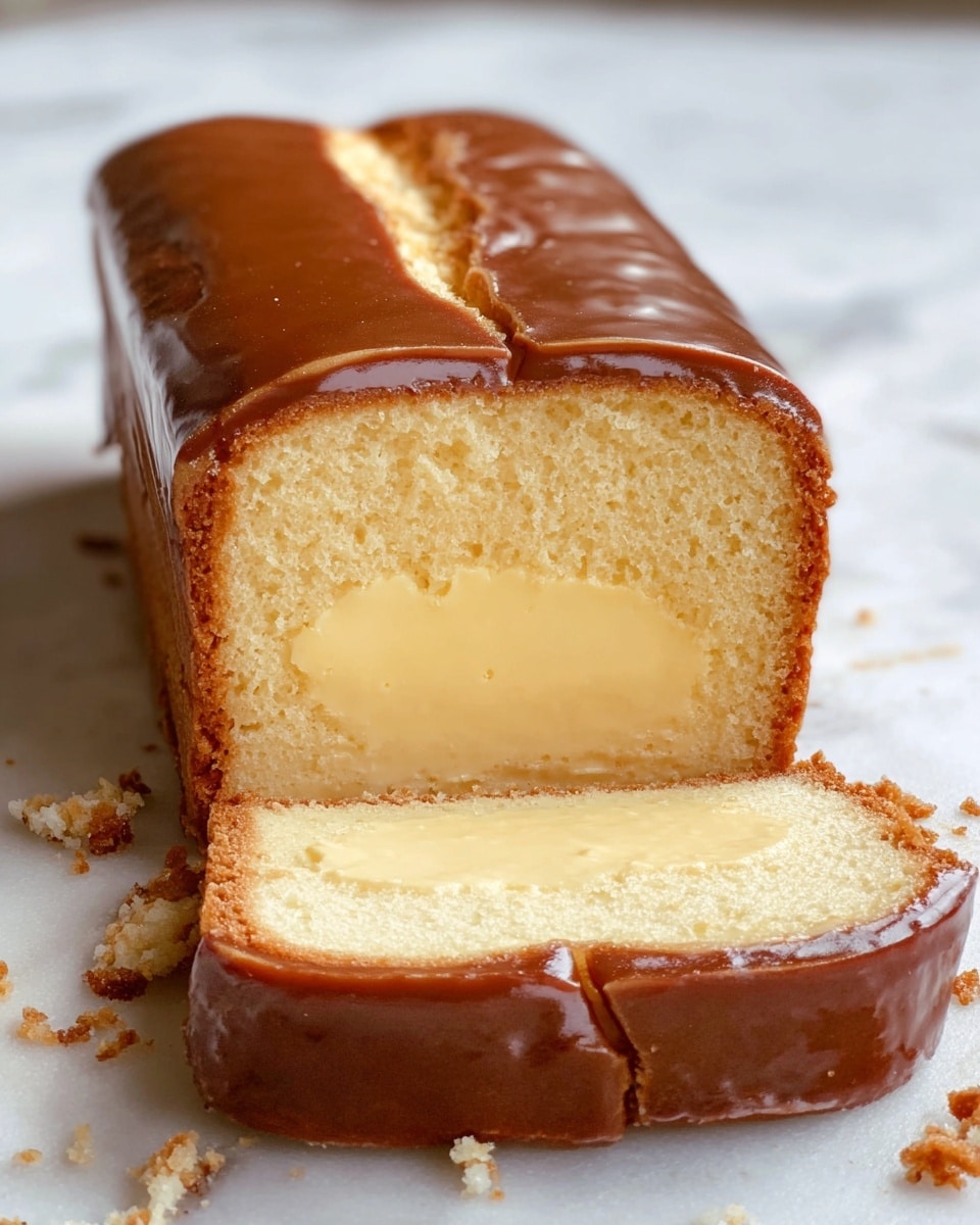 A close-up view of a loaf cake with three visible layers: the outer layer is a smooth, shiny brown glaze that covers the top and sides with a slight crack running through the glaze on top; beneath it is a light beige, soft-looking cake layer surrounding the thick center filled with a creamy, pale yellow custard; the cake rests on a white marbled surface with scattered crumbs around it, showing a moist and dense texture. photo taken with an iphone --ar 4:5 --v 7