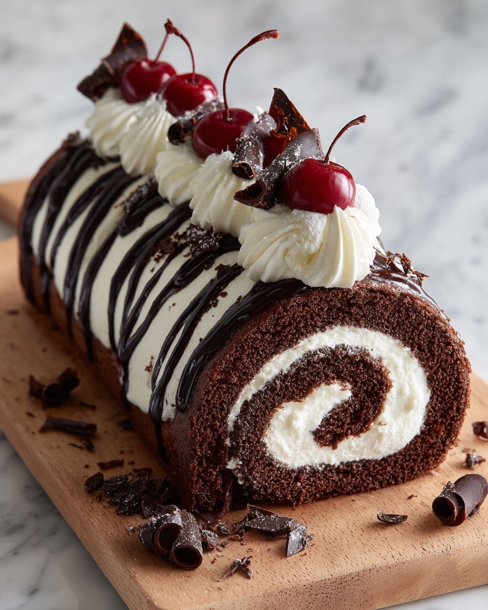 A chocolate roll cake sliced to show three visible layers with a dark brown chocolate sponge spiraled tightly with thick white cream filling. The outside is covered with smooth white cream and drizzled with dark chocolate sauce forming irregular stripes. On top, there are white whipped cream swirls evenly spaced, each topped with a shiny deep red cherry and a small dark chocolate curl. The cake sits on a light brown wooden board with a few chocolate curls scattered around. The background is a white marbled texture. Photo taken with an iphone --ar 4:5 --v 7