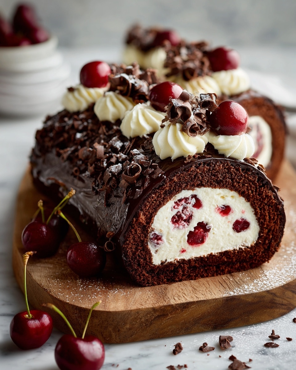 A chocolate roll cake with three visible layers; the outer layer is dark chocolate sponge cake, rolled with a thick white cream filling inside that has small red cherry bits scattered throughout. The top of the cake has a layer of dark glossy chocolate glaze with white cream piped in round dollops, each topped with a shiny red cherry and dark chocolate curls. Several cherries sit around the base on a wooden board, all placed on a white marbled surface. photo taken with an iphone --ar 4:5 --v 7