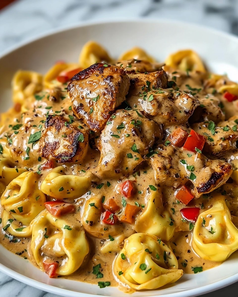 A white plate holds a rich pasta dish featuring several layers starting with yellow tortellini, each piece smooth and slightly glossy with sauce, scattered around the plate edge and underneath. On top, there are browned grilled chicken pieces coated in a creamy, light tan sauce that spreads over the tortellini, giving a glossy texture with visible herbs and spices. Small red bell pepper chunks are mixed in, adding bright color contrasts. The dish is sprinkled with finely chopped green herbs, creating small bursts of fresh color on the sauce and around the edges. The setting includes a white marbled background, emphasizing the warm colors and creamy textures of the food. photo taken with an iphone --ar 4:5 --v 7