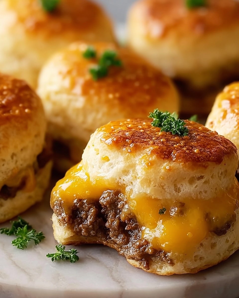 A close-up view of soft biscuit sandwiches filled with ground beef, each topped with a layer of melted orange cheddar cheese that drapes over the fluffy, golden-brown biscuit tops. The biscuits have a light, airy texture with a warm, slightly crusty finish. Tiny green parsley pieces are sprinkled on the cheese layer, adding a fresh touch of color. One biscuit is slightly pulled apart to reveal the rich, crumbly beef filling inside. The biscuits sit on a white marbled texture, enhancing the warm tones of the dish. photo taken with an iphone --ar 4:5 --v 7