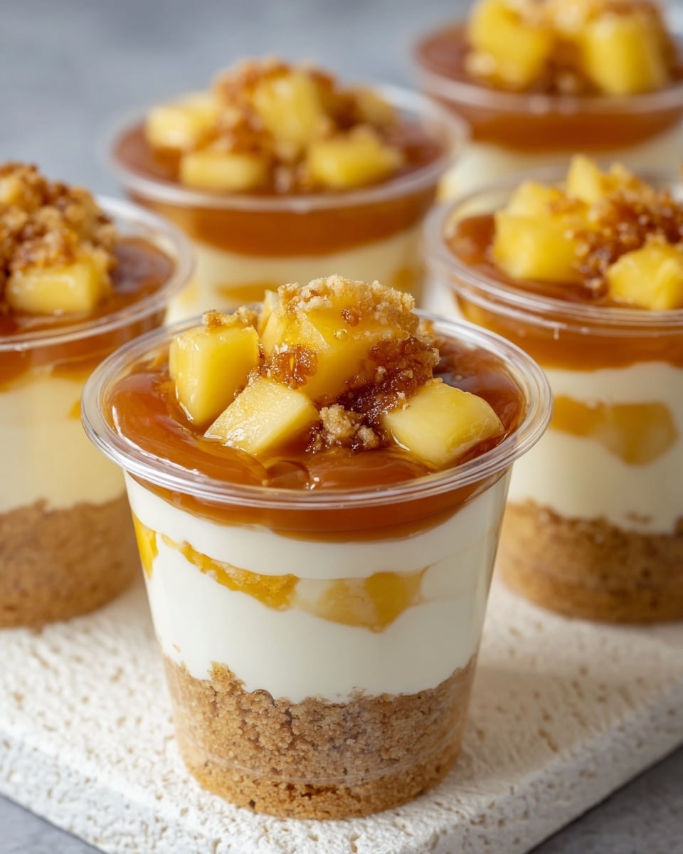 The image shows a group of clear plastic cups filled with a layered dessert. Each cup has four distinct layers: the bottom layer is a crumbly, light brown cake or biscuit base; above that is a thick, creamy off-white layer with small chunks of yellow fruit mixed in; next is a glossy, golden caramel layer that is smooth and shiny; and the top layer consists of small, cubed yellow fruit pieces mixed with a sticky, darker brown sauce or crumble. The cups are placed on a white marbled textured tray, and the focus is on the closest cup, showing the glossy textures and crumbly bits clearly. photo taken with an iphone --ar 4:5 --v 7