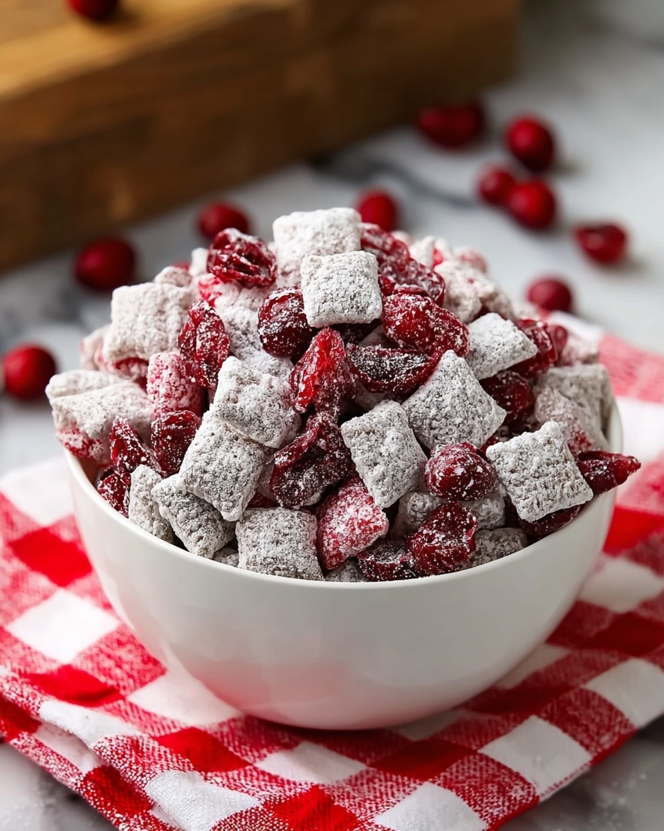 A close-up view of a white bowl filled with a snack mix consisting of small square-shaped pieces coated in white powdered sugar, mixed with bright red dried cranberries scattered evenly throughout. The powdered sugar gives the square pieces a soft, powdery texture, while the cranberries add a shiny, smooth contrast. The bowl is placed on a light wooden surface against a softly blurred background, with the focus on the colorful, textured snack. Photo taken with an iphone --ar 4:5 --v 7