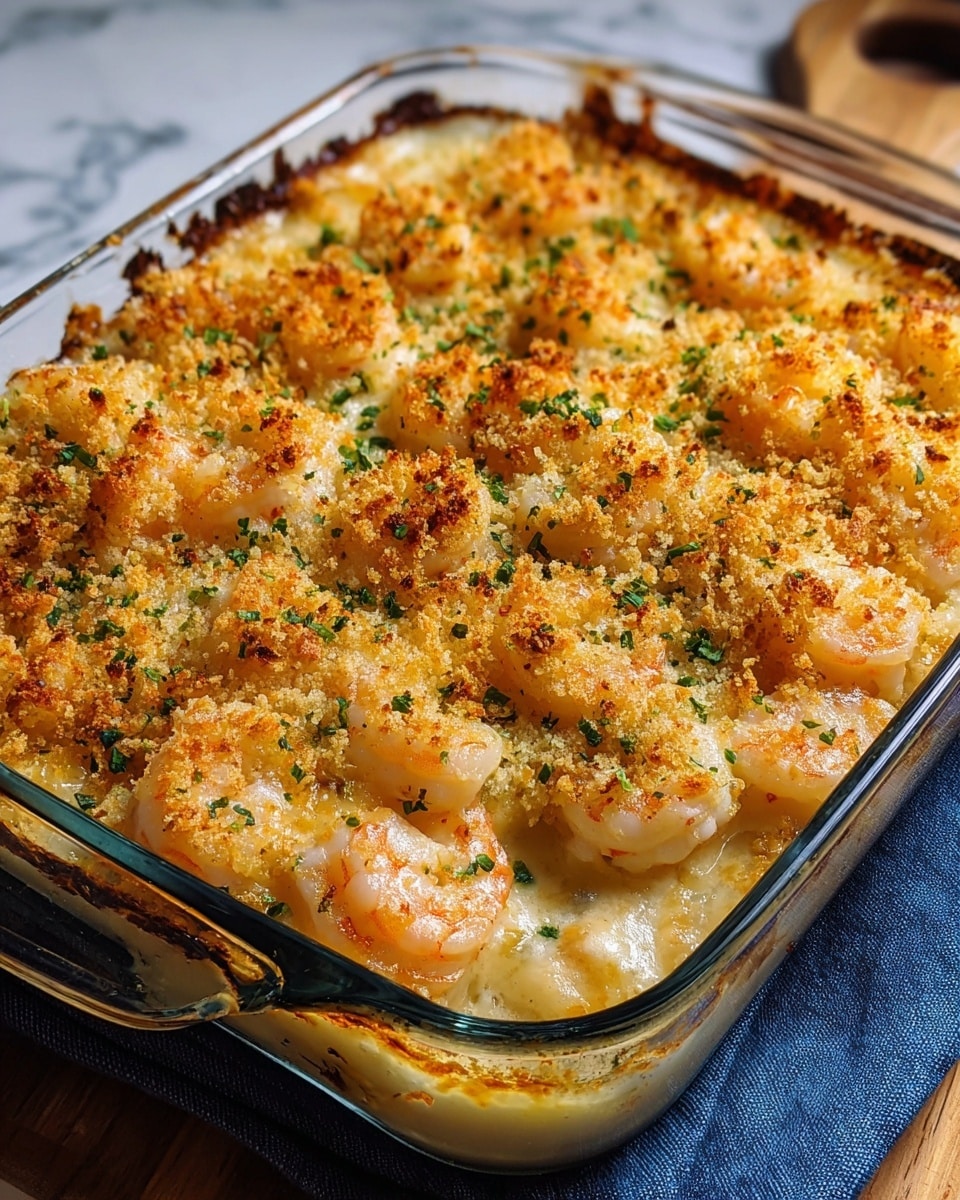 A baked shrimp casserole in a clear glass dish with a golden-brown crust on top. The top layer is crispy breadcrumbs with small green herb bits sprinkled evenly. Just below the crust, plump cooked shrimp are spread out, their light pink and white colors visible. Beneath the shrimp is a creamy sauce with a smooth, slightly shiny texture and a pale yellow color. The edges of the dish show darker, caramelized spots where the sauce has bubbled and baked. The dish sits on a wooden surface next to a blue cloth, all against a white marbled texture background. Photo taken with an iphone --ar 4:5 --v 7