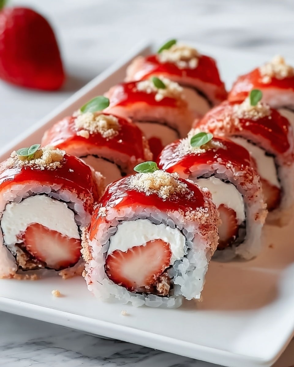 A close-up view of six pieces of strawberry sushi rolls arranged neatly on a white rectangular plate, each piece showing a visible inside layer of fresh red strawberry surrounded by a thick layer of white cream cheese, wrapped in black seaweed and covered with a layer of slightly pink sushi rice. On top, there is a glossy red strawberry sauce with a small sprinkle of beige crumbs and a tiny green basil leaf garnish on some pieces. The plate sits on a white marbled surface, with a blurred strawberry in the background. photo taken with an iphone --ar 4:5 --v 7
