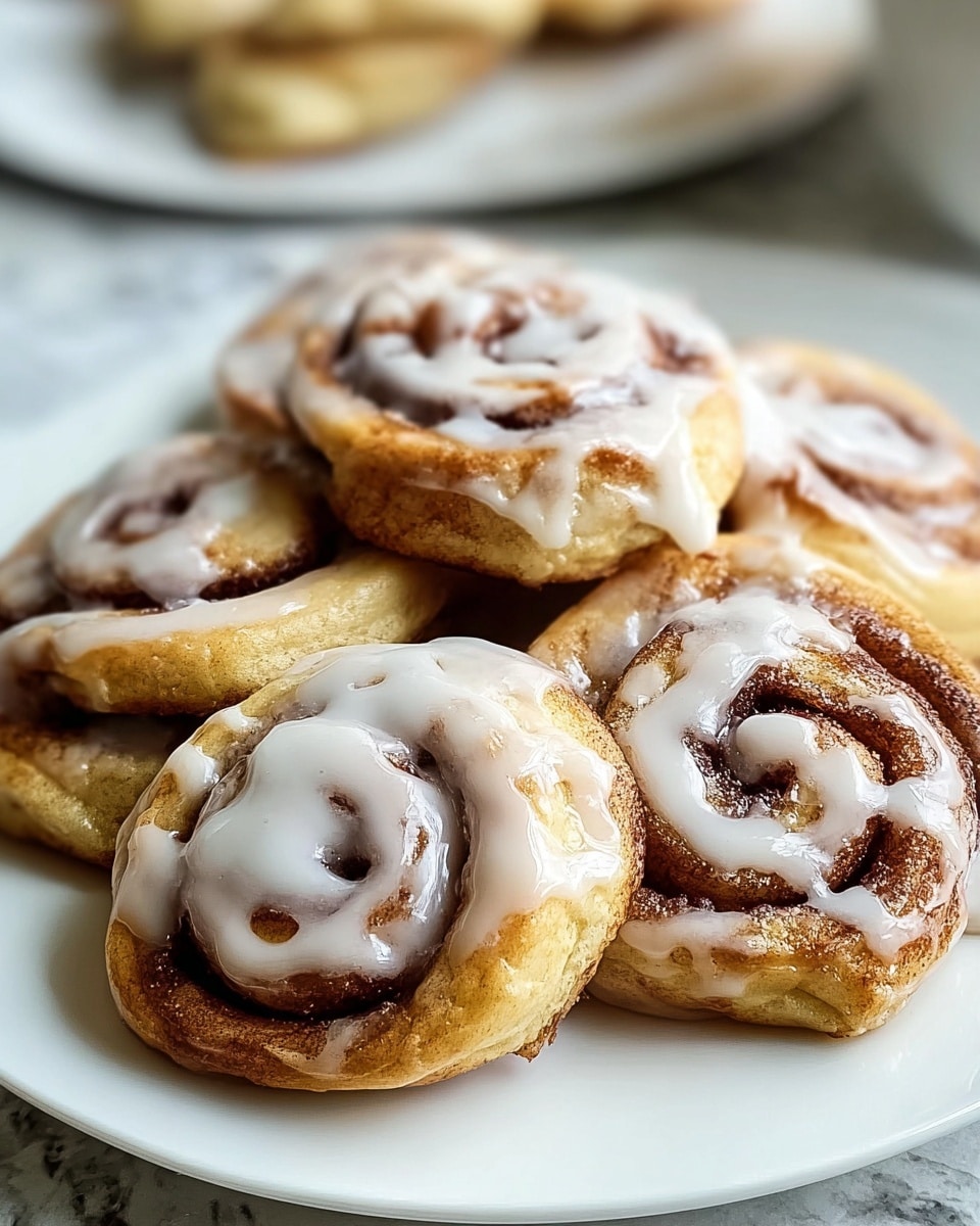 A white plate holds a stack of six cinnamon rolls with a thick swirl shape. The base layer is golden brown dough with a soft texture. The next visible layer is the darker brown cinnamon filling twisted inside each roll. The top layer is a shiny, smooth white icing drizzled unevenly over the rolls, some thicker parts dripping slightly down the sides. The background is softly blurred with a white marbled texture surface beneath the plate. photo taken with an iphone --ar 4:5 --v 7