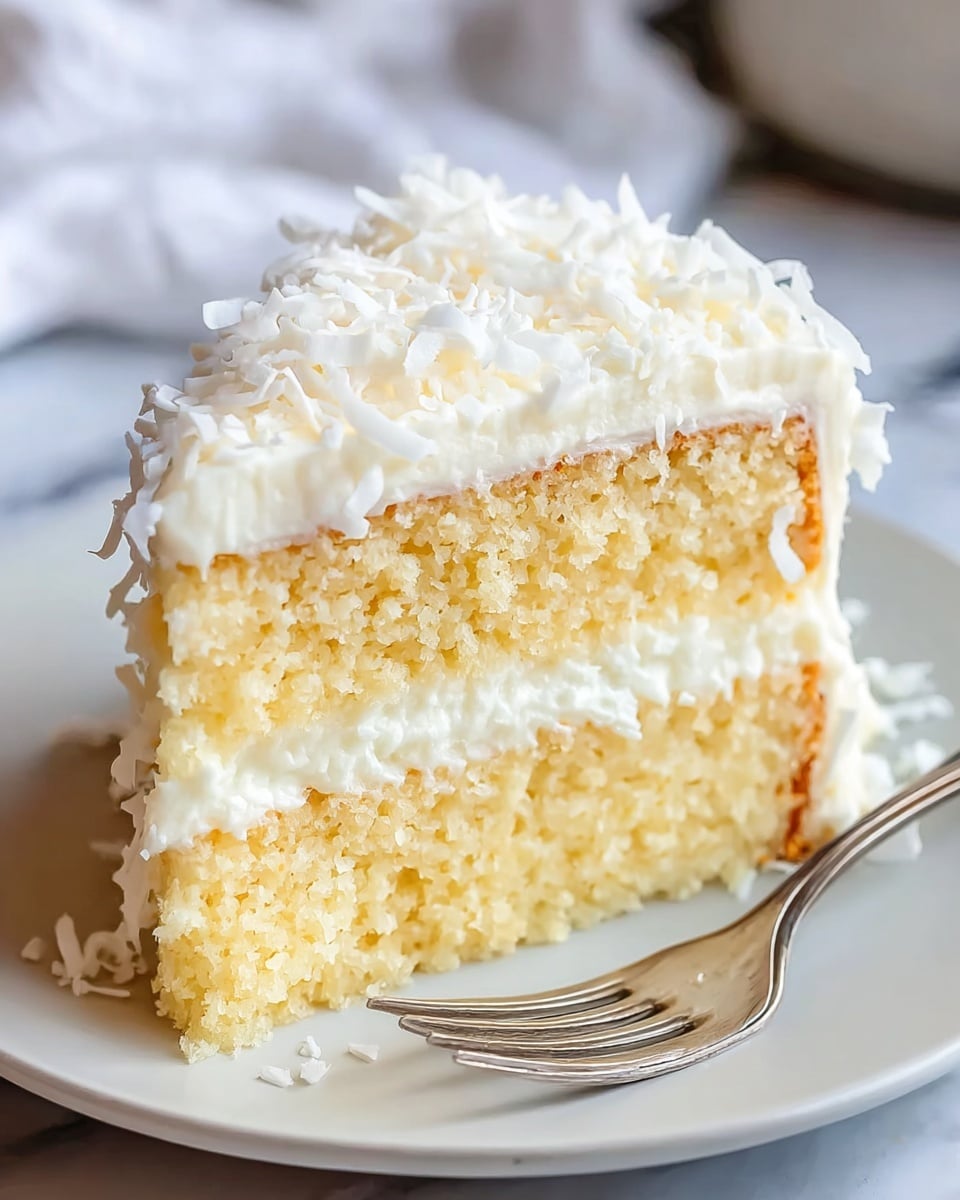 A slice of two-layer vanilla cake sits on a white plate with a silver fork beside it. The cake layers are light golden yellow with a soft, crumbly texture. Between the two layers is a thick middle layer of creamy white frosting. The top layer is covered with a generous amount of smooth white frosting sprinkled with white shredded coconut. The background shows a white marbled texture that softly blurs behind the cake. photo taken with an iphone --ar 4:5 --v 7