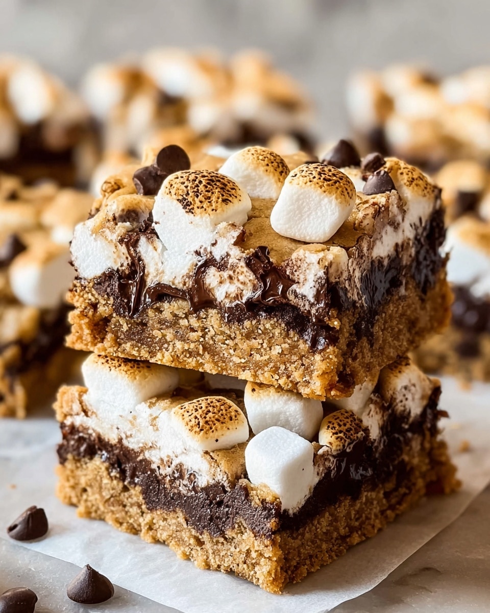 The image shows two stacked square cookie bars with three distinct layers. The bottom layer is a thick, dense, golden-brown cookie base with a slightly crumbly texture. Above it is a gooey dark chocolate layer mixed with soft white marshmallows that peek through. The top layer is a golden cookie crust decorated with scattered dollops of melted chocolate and toasted marshmallows, adding texture and contrast. The bars sit on white parchment paper over a white marbled surface. Photo taken with an iphone --ar 4:5 --v 7