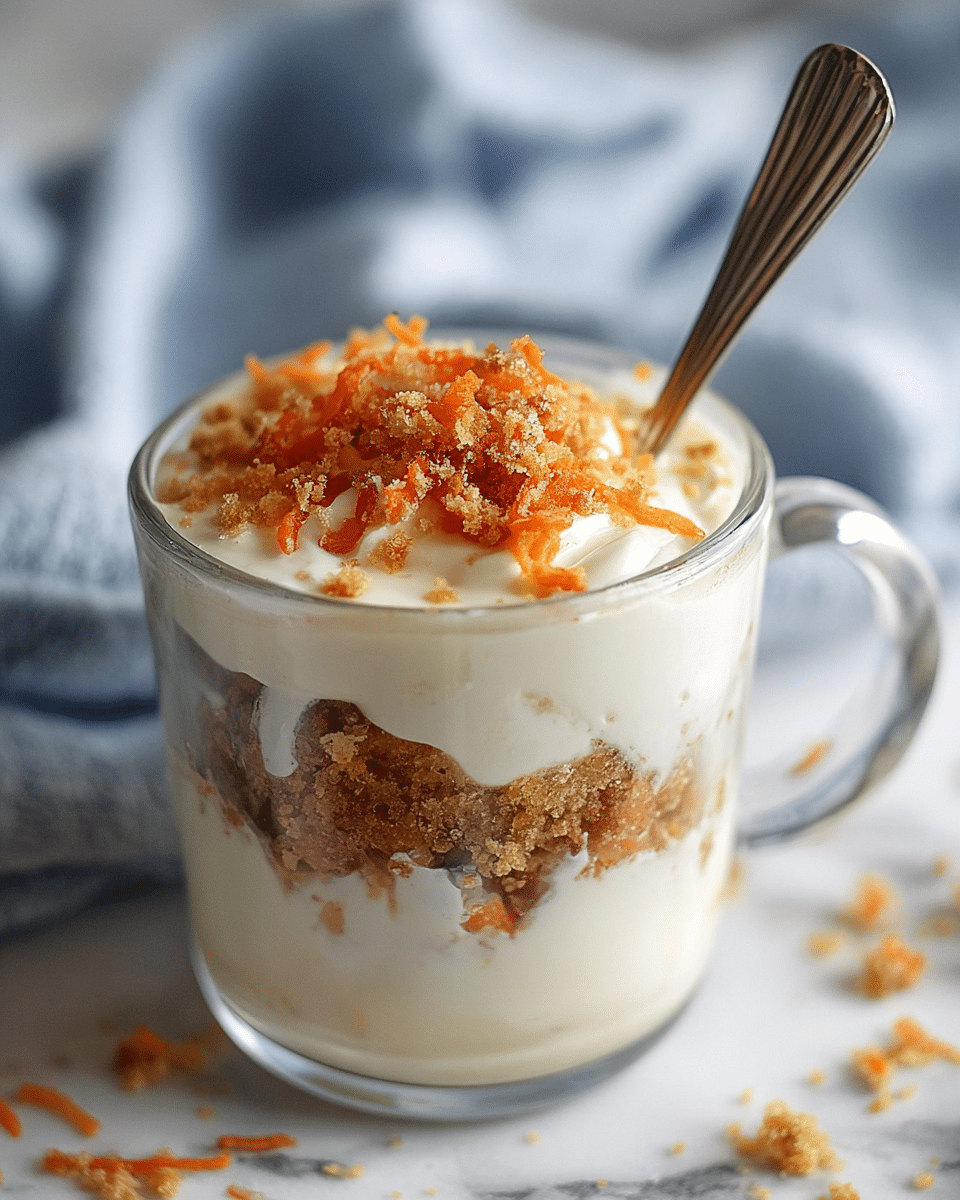 A clear glass cup filled with a layered dessert shows three visible layers: the bottom layer is creamy white and smooth, the middle layer is a mix of light brown crumbs with small orange carrot shreds, and the top layer is thick, white cream crowned with more brown crumbs and carrot shreds, with a silver spoon inserted into it. There are crumbs scattered around the base on a white marbled surface, with a blurred white and blue cloth in the background. Photo taken with an iphone --ar 4:5 --v 7