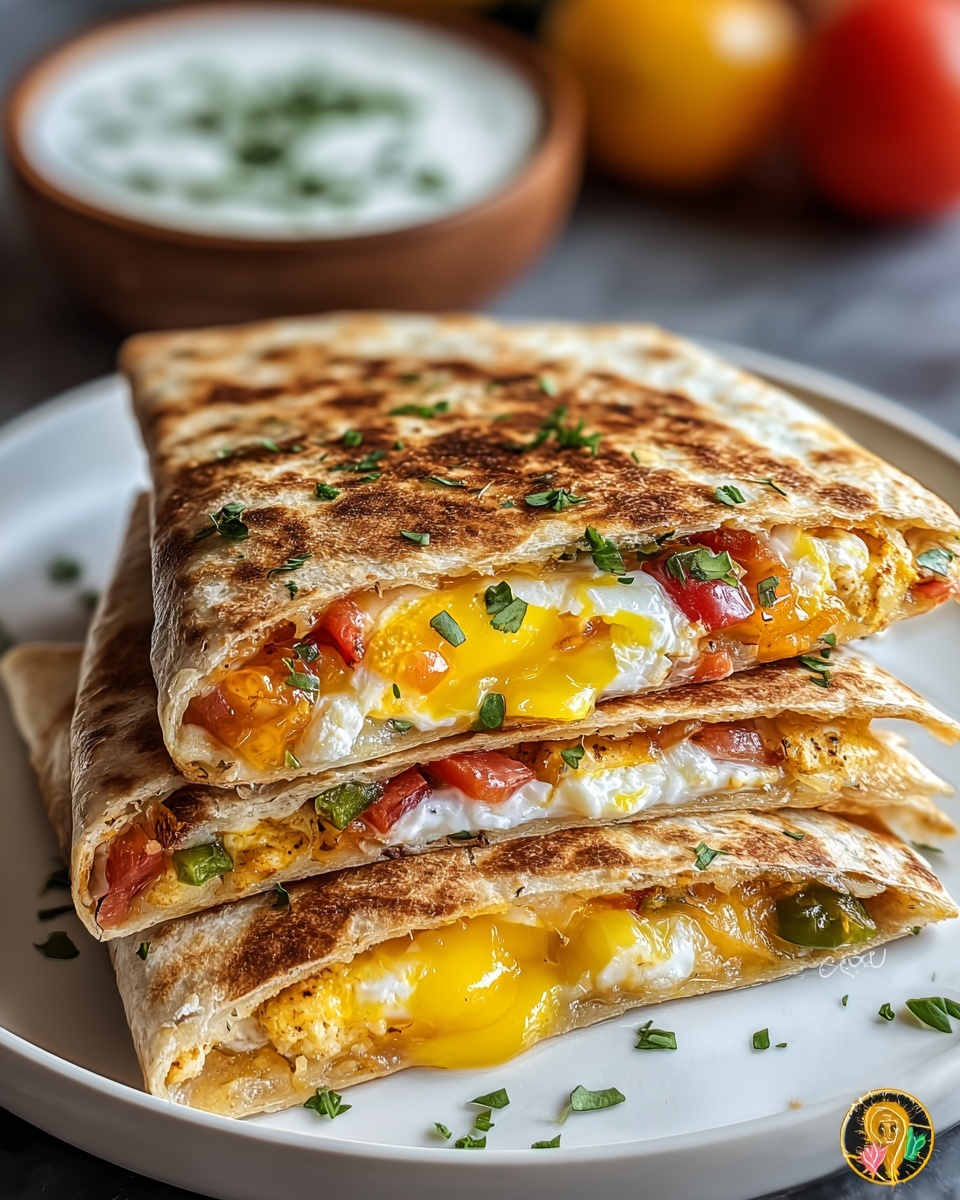 The image shows two folded quesadillas stacked on top of each other on a white plate with a white marbled background. Each quesadilla has a toasted, golden-brown tortilla with a slightly crispy texture. Inside, there are two layers: the first layer is melted yellow cheese mixed with small pieces of red tomatoes and green peppers, while the second layer features a cooked egg with a bright yellow yolk and white edges. The quesadillas are garnished with small green herb pieces sprinkled on top and around the plate. In the background, there is a bowl of white sauce with green herbs on top. photo taken with an iphone --ar 4:5 --v 7