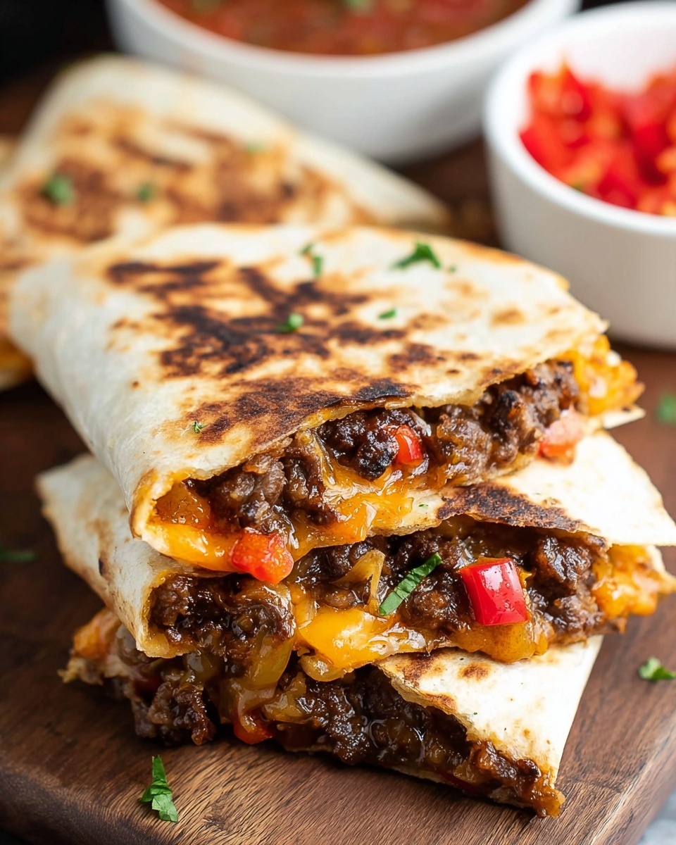 A close-up view of a folded quesadilla with two visible layers of crispy, light brown toasted tortilla with charred spots on top, filled thickly with dark brown cooked beef pieces mixed with melted orange cheddar cheese and small bits of red bell peppers, garnished with a few scattered green herbs. In the background, there is a white bowl of red salsa and some diced red peppers on a white marbled surface. photo taken with an iphone --ar 4:5 --v 7