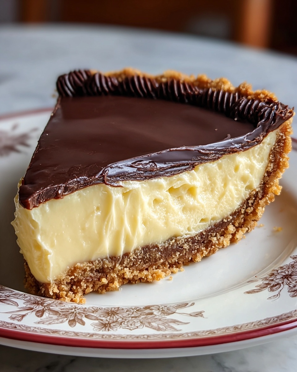 A close-up view of a three-layer slice of pie on a white plate with decorative brown patterns, placed on a white marbled surface. The bottom layer is a dark brown thick crust with a jam-like texture, forming the base and sides with a crumbly edge. The middle layer is thick, creamy, and pale yellow with a custard-like texture, making up the largest portion. The top layer is a smooth, glossy dark chocolate ganache with a slight shine, covering the custard evenly and finishing with a piped border of light brown dollops on the crust edge. Photo taken with an iphone --ar 4:5 --v 7