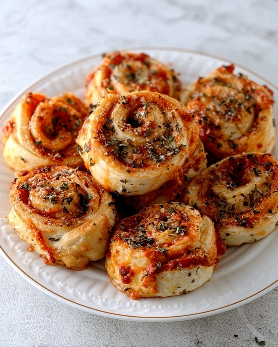 A white plate with a gold-trim edge holds six pizza rolls arranged in a circle, each roll showing multiple layers of light golden brown dough with a crispy texture, layered with bright red tomato sauce and melted cheese in the middle, the outer edges of the rolls are sprinkled with visible dried green herbs and black pepper, all placed on a white marbled background. photo taken with an iphone --ar 4:5 --v 7