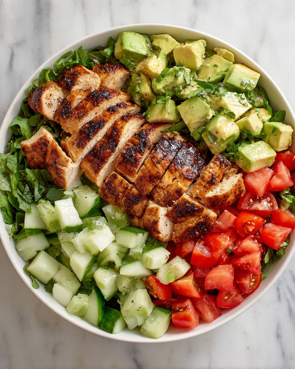 A deep white bowl filled with a colorful grilled chicken salad, featuring juicy chunks of grilled chicken breast sliced and placed in the center, with visible char marks and a golden brown color. Around the chicken, there are layers of diced bright red tomatoes, light green avocado pieces, and crisp cucumber chunks, all mixed with some fresh green leafy herbs scattered on top. The bowl rests on a white marbled surface, creating a clean and fresh look. photo taken with an iphone --ar 4:5 --v 7