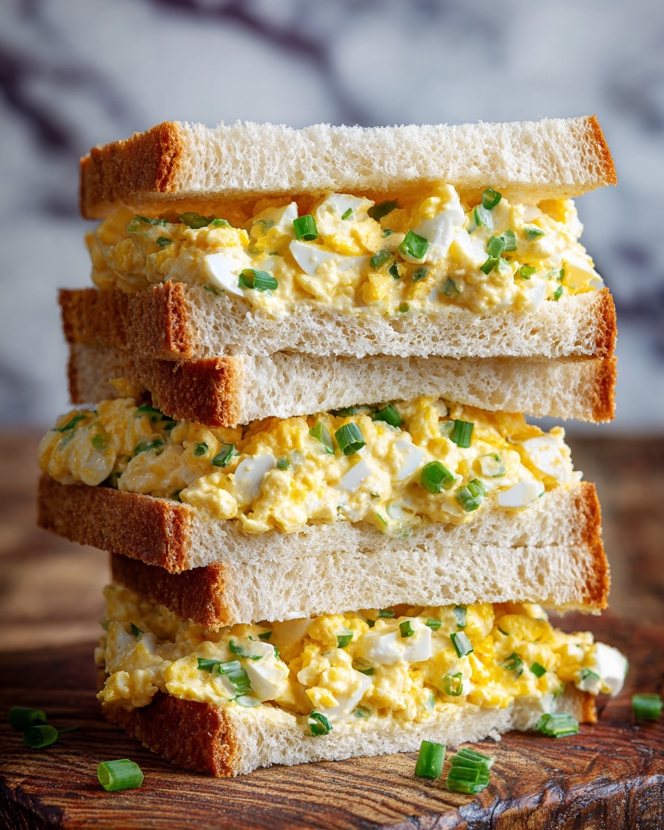 Four egg salad sandwiches are shown close up, each made with two thick layers of soft white bread and a thick middle layer of creamy egg salad filled with visible small chunks of yellow yolk and white egg pieces. The egg salad is sprinkled with chopped green onions for a fresh touch. The sandwiches sit slightly angled on a dark rustic wooden surface, with a blurred white marbled background. The texture of the bread looks soft and airy, contrasting the rich, creamy, and slightly chunky egg salad filling. photo taken with an iphone --ar 4:5 --v 7