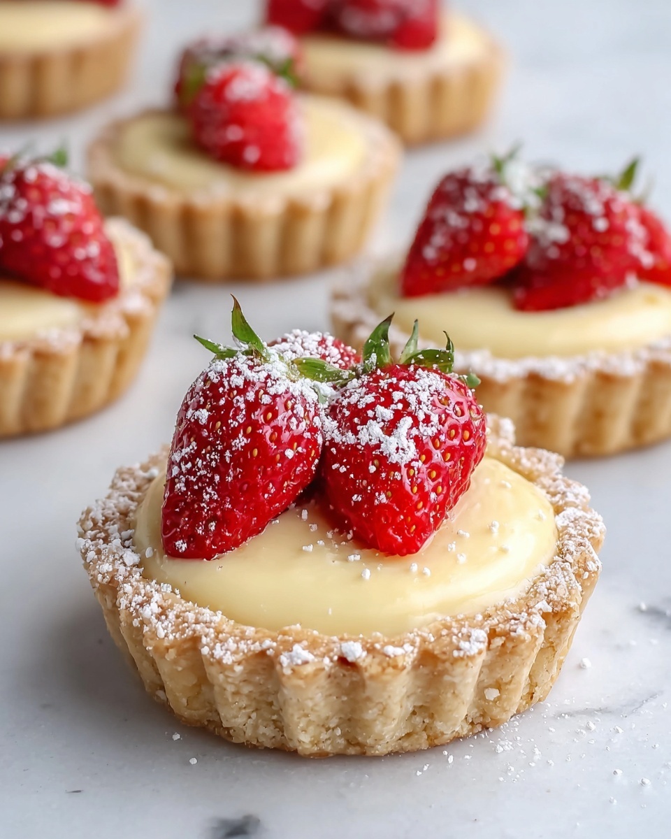 The image shows small tartlets with a crumbly, light golden brown crust as the base layer, which has scalloped edges. The middle layer is a smooth, creamy pale yellow filling, slightly rounded and overflowing near the edges. On top, there are three bright red strawberries with green leaves, sprinkled lightly with white powdered sugar. The tartlets sit on a surface with a white marbled texture. The front tartlet is in clear focus, with a soft background showing blurred tartlets of the same style. photo taken with an iphone --ar 4:5 --v 7