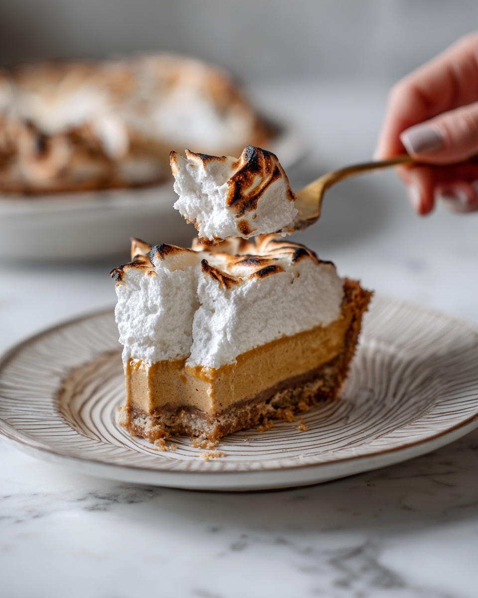 A slice of pie is shown on a white plate with a detailed, swirled pattern. The pie has three layers: a thick, light brown crust at the bottom with a slightly crumbly texture; a dense, golden-brown filling in the middle; and a thick, fluffy topping of toasted white meringue with golden brown spots showing where it has been browned. A piece of the pie with some topping is on a fork resting on the plate, with a woman's hand holding the fork. The plate is placed on a white marbled surface. Photo taken with an iphone --ar 4:5 --v 7