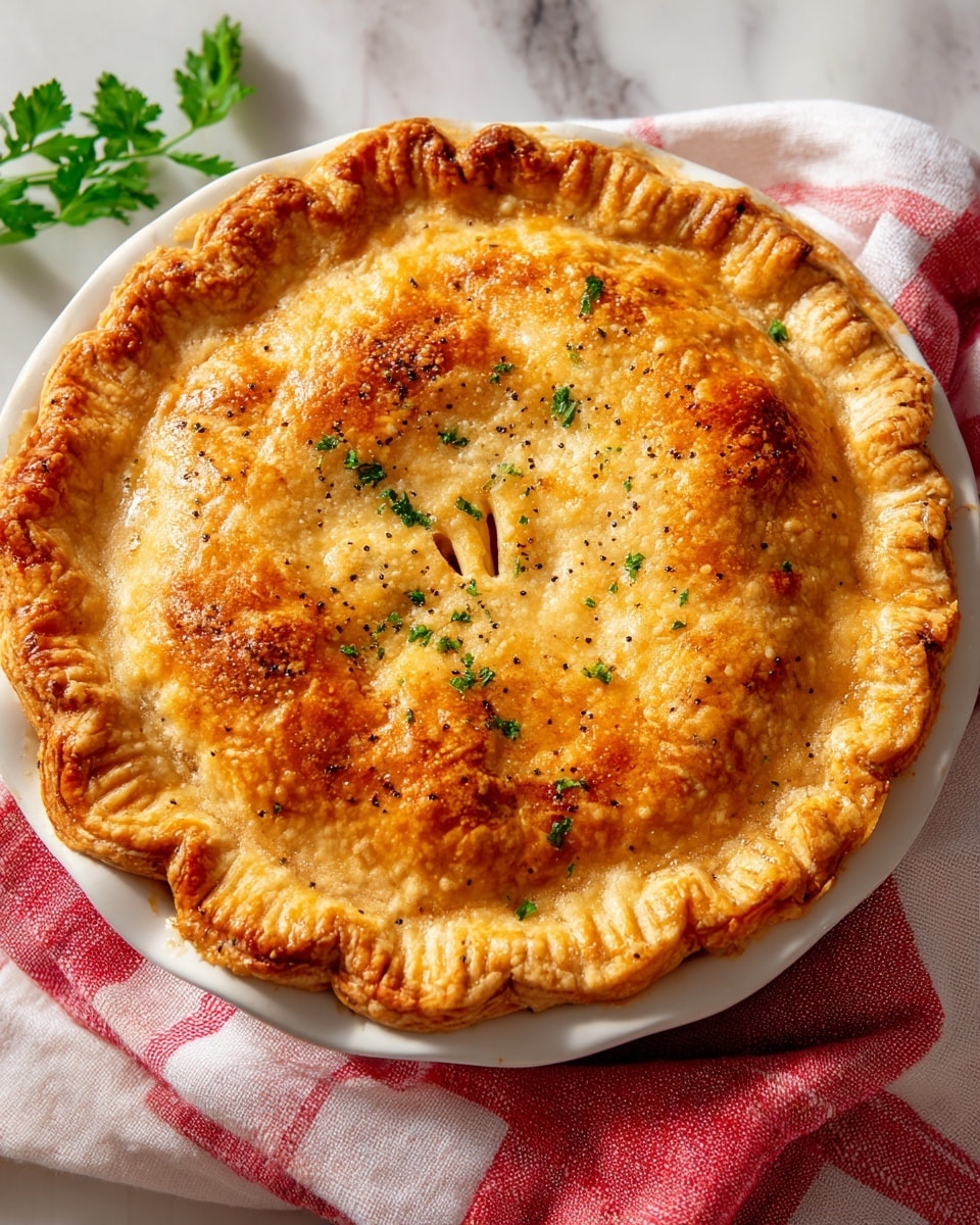 A golden-brown pie with a flaky, crimped crust sits in a white pie dish, topped with small green parsley leaves and a few specks of black pepper. The crust has a slightly rough texture with a shiny surface and some small vent cuts in the center. The pie dish rests on a red and white striped cloth, all placed on a white marbled texture. There are some green parsley sprigs next to the pie dish. Photo taken with an iphone --ar 4:5 --v 7
