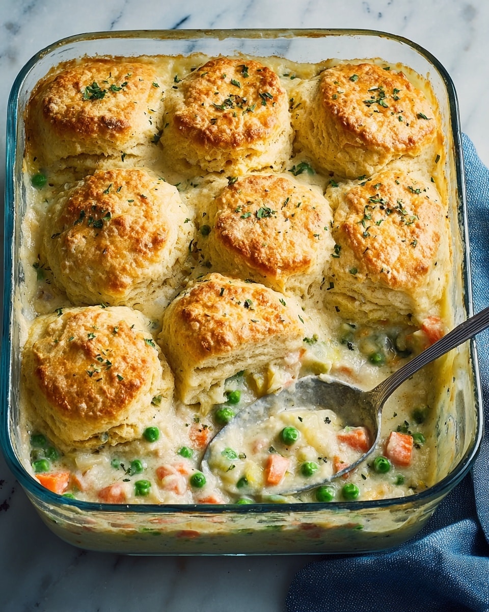A glass baking dish filled with a creamy casserole that has two main layers: the bottom creamy layer with visible green peas, orange carrot cubes, and white chunks, all mixed in a thick, light-colored sauce, and the top layer with seven golden-brown, fluffy biscuits that are slightly cracked showing soft texture inside, sprinkled lightly with green herbs. A silver spoon rests inside the dish, scooping some of the creamy base, and the dish sits on a white marbled surface with a folded blue cloth underneath one corner. Photo taken with an iphone --ar 4:5 --v 7