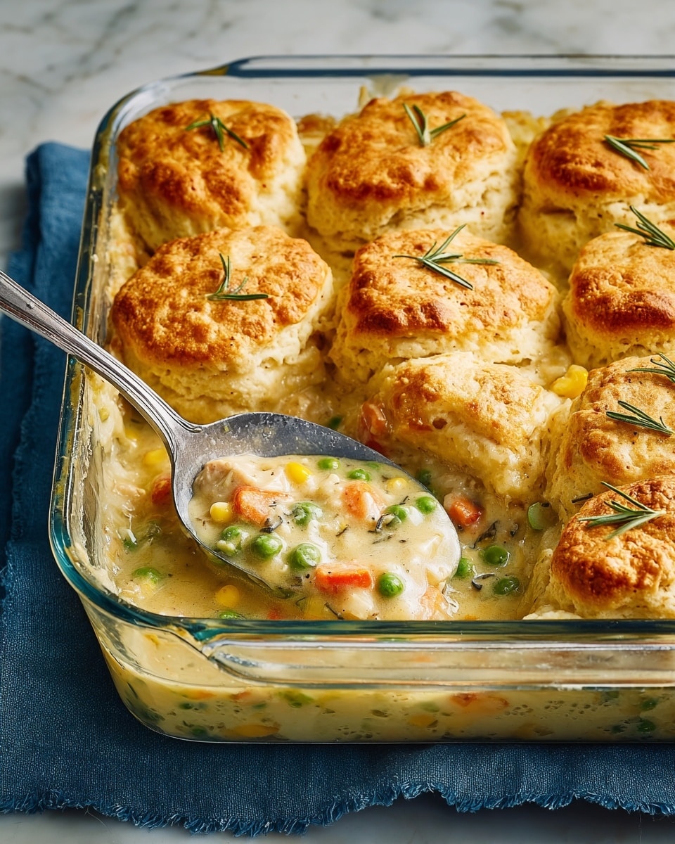 The dish shows a glass square baking dish filled with a creamy mixture of diced chicken, green peas, sweet corn, and small chopped carrots at the bottom layer, all in a light yellow sauce. On top of the creamy base, there are eight large golden-brown biscuit layers, each thick and fluffy with a slightly crispy, uneven texture on top. Some biscuits are decorated with small sprigs of green rosemary. A silver spoon is scooping out a section from one corner, showing the thick vegetables and chicken filling beneath the biscuits. The glass dish rests on a blue cloth over a white marbled surface. Photo taken with an iphone --ar 4:5 --v 7