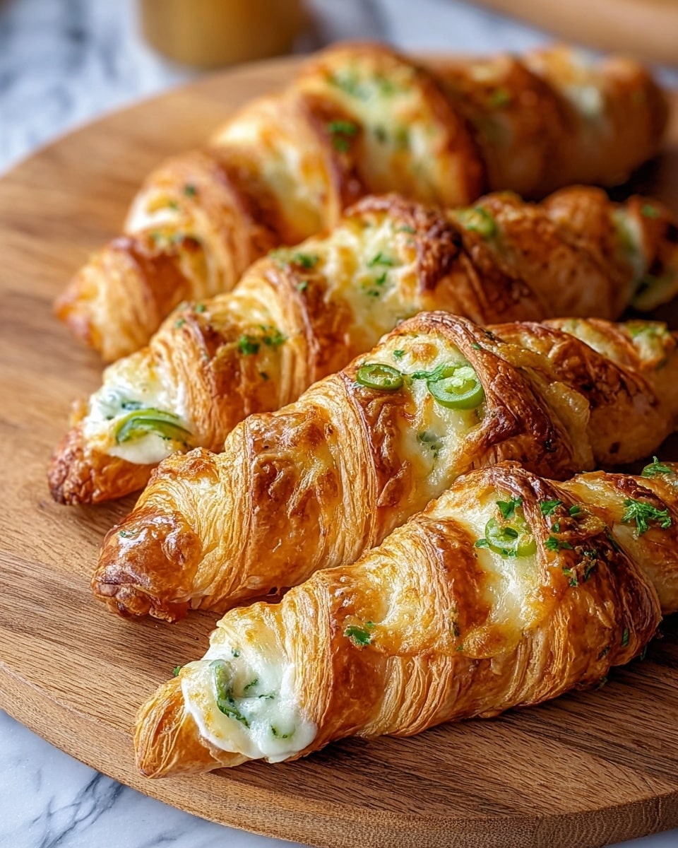 The image shows five golden-brown croissants with a shiny, flaky crust lined up closely, each with a creamy white cheese filling visible in the middle. Some of the filling has small green pieces of herbs and thin slices of green pepper, adding touch of color. The croissants' outer layers are puffed and textured, showing a mix of crispy and soft areas with a toasted cheese topping. They are placed on a round wooden cutting board, which contrasts well with the white marbled surface beneath. The photo captures the croissants at a close angle, emphasizing their crispy texture and creamy filling, with soft focus in the background. photo taken with an iphone --ar 4:5 --v 7