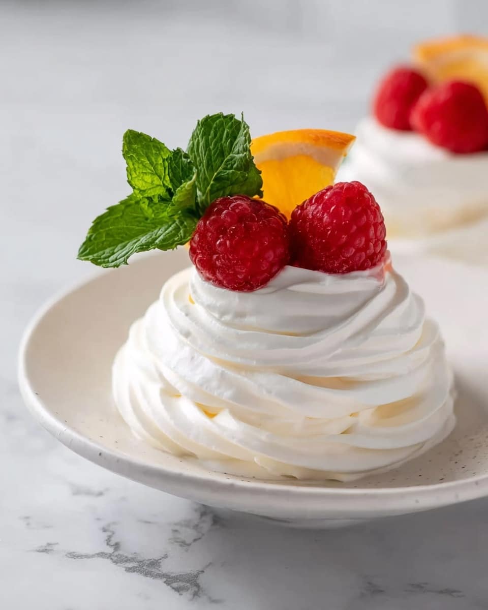 A small white round base of whipped cream is layered with soft, smooth spirals forming a nest-like shape. On top of this white fluffy layer, there are three red raspberries clustered together, with a bright green fresh mint leaf placed beside them. Behind the raspberries, a thin slice of orange fruit adds a pop of warm color. The dessert sits on a white round plate with a slightly raised edge, all placed on a white marbled texture surface. Photo taken with an iphone --ar 4:5 --v 7
