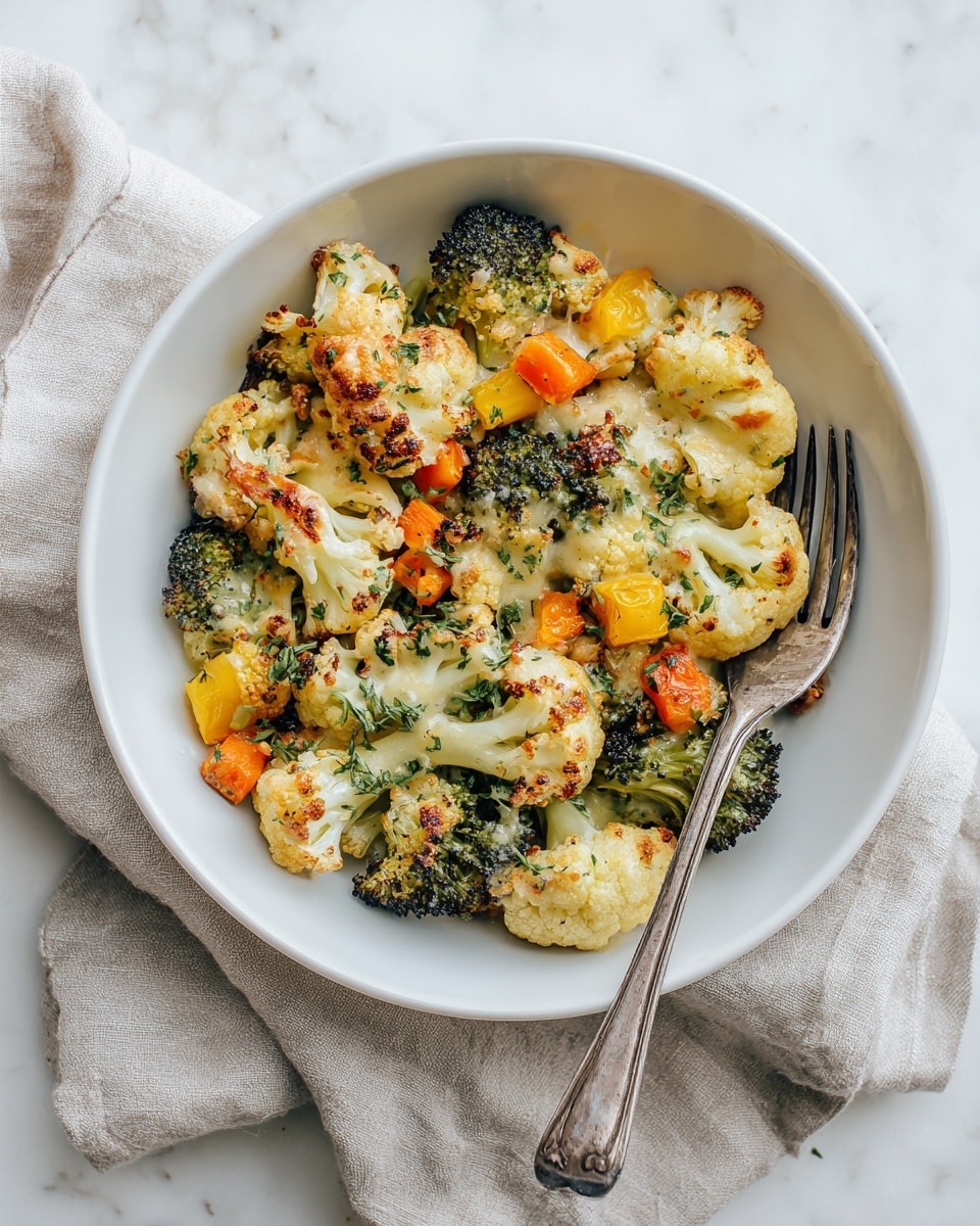 A white shallow bowl filled with roasted cauliflower and broccoli florets, with some pieces showing golden-brown crisp edges on top, giving a crunchy texture. Mixed in are small chunks of orange carrot and yellow bell pepper, adding bright color contrast. The vegetables are covered in a light melted cheese sauce creating a creamy layer that glistens. Small green herb flakes are sprinkled on top for a fresh touch. A silver fork rests on the right side of the bowl on a light beige cloth, all placed on a white marbled surface. photo taken with an iphone --ar 4:5 --v 7
