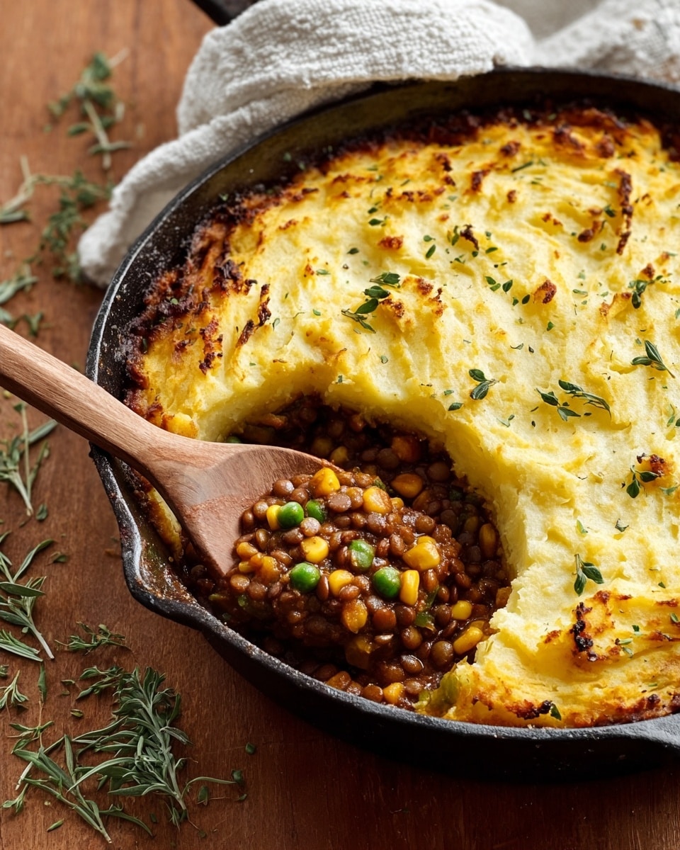 The image shows a cast iron skillet filled with two layers of food; the bottom layer is a thick, brown lentil and vegetable stew with visible corn kernels and green peas, while the top layer is a smooth, creamy golden-yellow mashed potato crust with brown toasted edges and small green herb sprigs scattered on it. A wooden spoon is scooping a portion from the skillet, revealing the dense stew beneath the mashed potatoes. The skillet is placed on a wooden surface with some green herb sprigs nearby, and there is a white textured cloth partially visible on the top right. Photo taken with an iphone --ar 4:5 --v 7