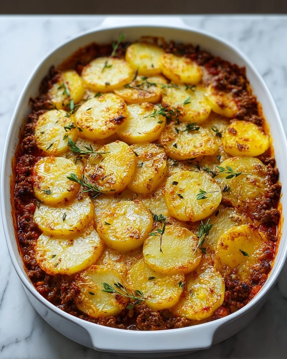 A white baking dish filled with a layered casserole is shown. The bottom layer is a rich red tomato sauce, topped with a thick layer of browned ground meat, which looks juicy and crumbly. The top layer consists of evenly spaced, golden yellow potato slices with a slight crisp on the edges, some with melted cheese browning on top. The dish is garnished with fresh green herb sprigs scattered across the potatoes. The baking dish is on a white marbled surface. photo taken with an iphone --ar 4:5 --v 7