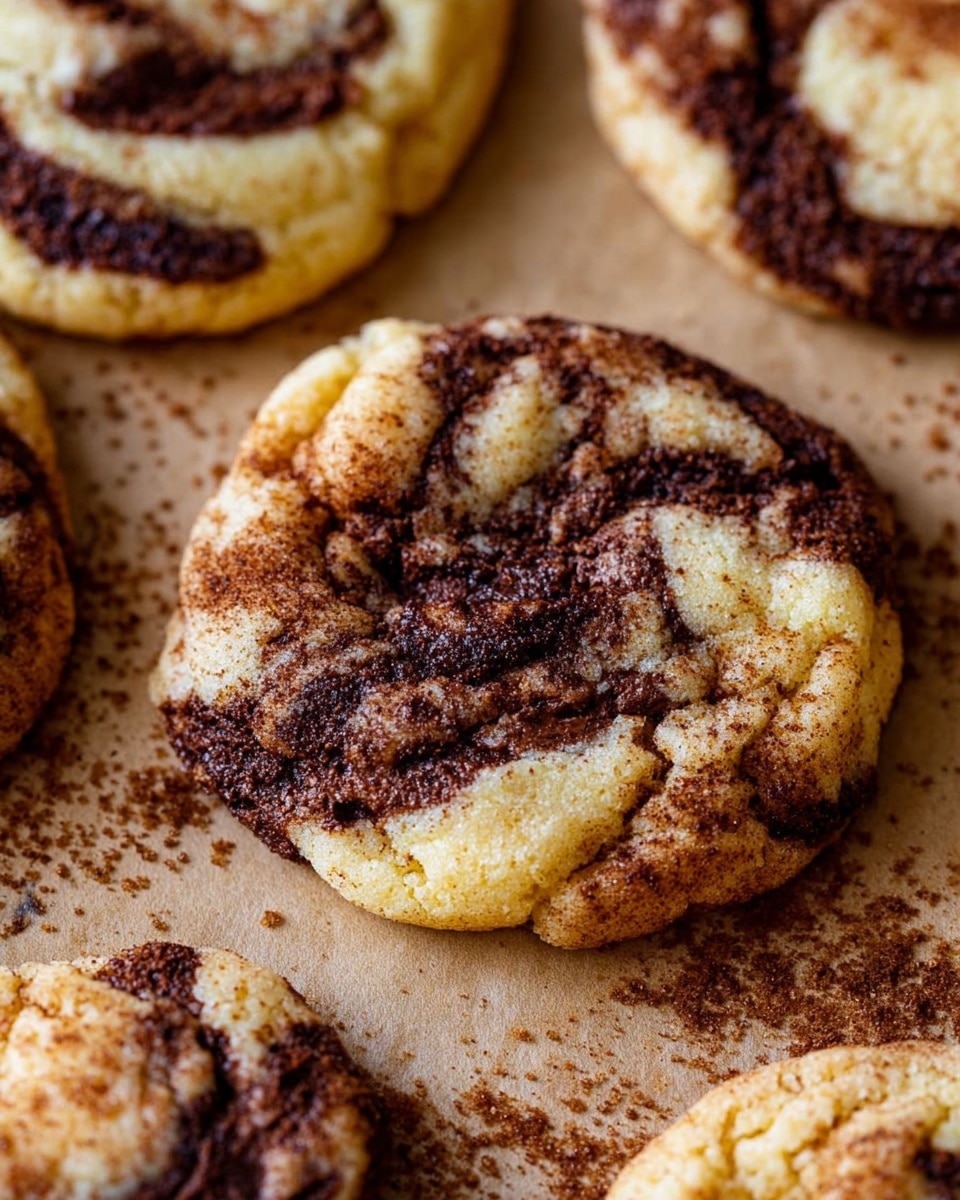 The image shows close-up of round cookies with a cracked, soft texture. Each cookie has two main layers: a pale yellow dough base and uneven dark brown swirls of melted chocolate on top, mixed unevenly into the dough. The surface is light with a dusting of fine brown cinnamon powder scattered across the cookies. They rest on a light brown parchment paper that adds a subtle background texture, with cookie crumbs around them, enhancing the fresh-baked look. photo taken with an iphone --ar 4:5 --v 7