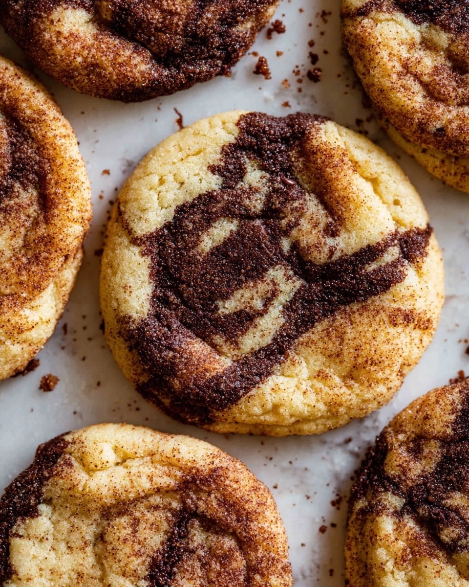Close-up view of several freshly baked cookies on a white marbled surface. Each cookie has a soft, slightly cracked texture with two main layers: a light golden-brown dough layer and a darker rich chocolate swirl unevenly spread across the surface. The dough has a powdery cinnamon coating that lightly dusts the edges and top, creating a warm contrast against the deep glossy chocolate. The cookies are round but irregular in shape, showing the homemade, rustic quality. Small crumbs are scattered around the cookies on the white marbled surface. photo taken with an iphone --ar 4:5 --v 7