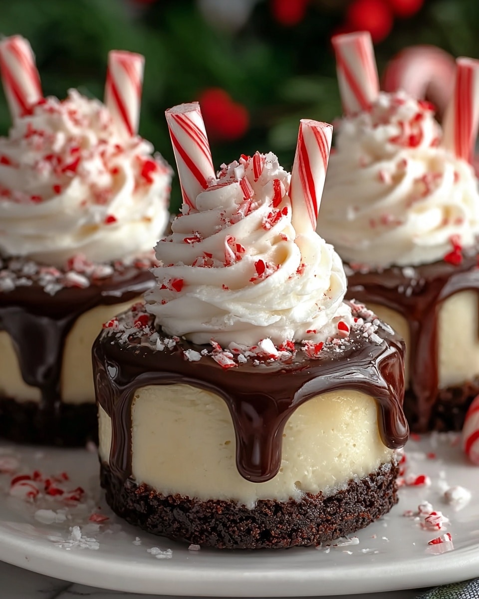 The image shows three mini cheesecakes on a white plate with a white marbled surface underneath. Each cheesecake has three layers: a dark brown crumbly base, a thick creamy white middle layer, and a glossy dark chocolate layer dripping down the sides. On top, there is a swirl of white whipped cream sprinkled with crushed red peppermint candy. Two small candy canes with red and white stripes are placed standing in the whipped cream on each cheesecake. The background is blurred green and red, adding a festive feel. Photo taken with an iphone --ar 4:5 --v 7