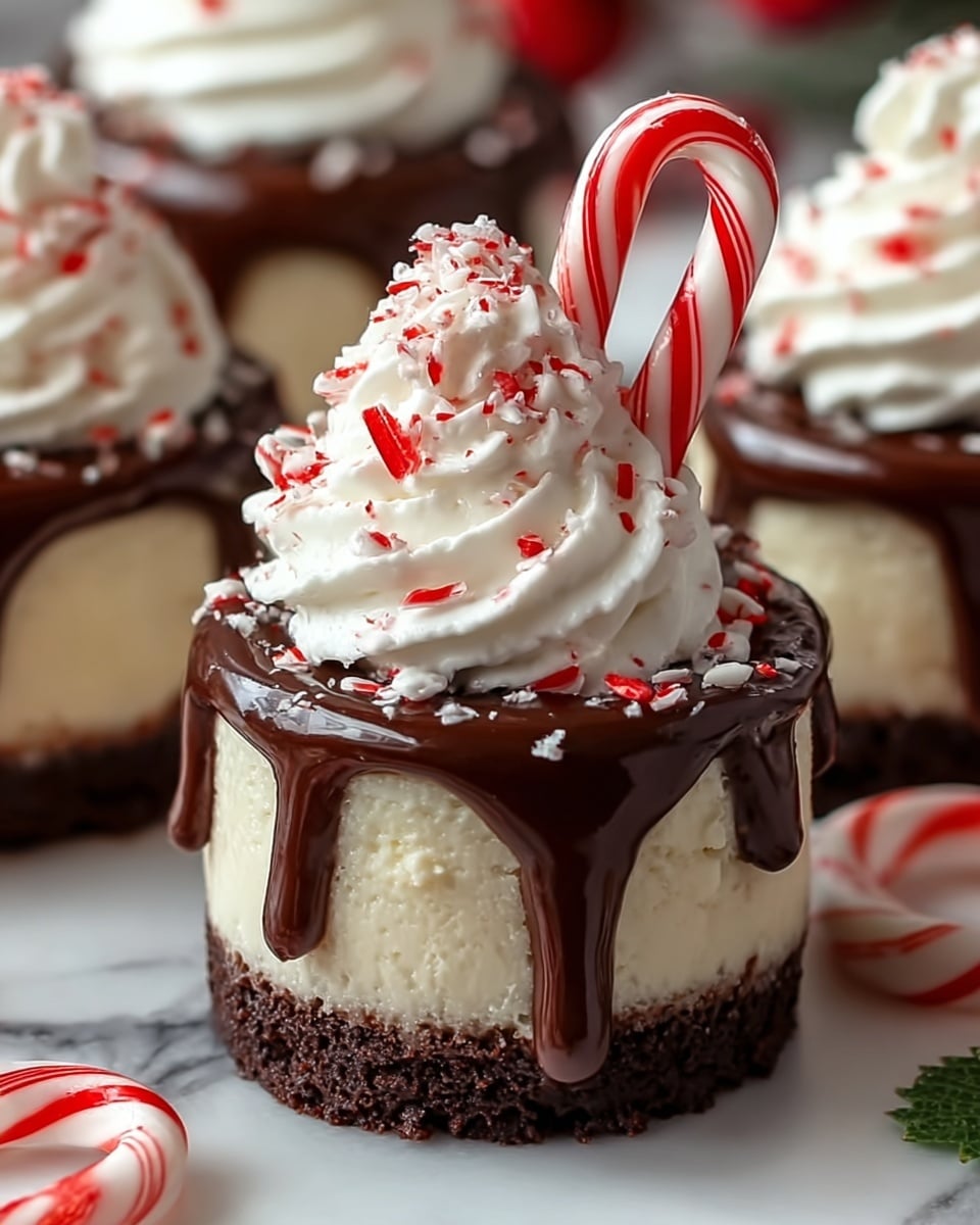 The image shows a small, round dessert with three main layers on a white marbled surface. The bottom layer is dark brown and crumbly, like a chocolate cookie crust. The middle layer is thick, smooth, and light cream colored, looking like cheesecake. On top of that is a shiny layer of dark chocolate sauce dripping down the sides. Above the chocolate is a large swirl of white whipped cream sprinkled with small red crumbs. A small peppermint candy cane with red and white stripes is placed standing on the whipped cream. In the background, there are similar desserts slightly out of focus and a few more candy canes on the surface. photo taken with an iphone --ar 4:5 --v 7