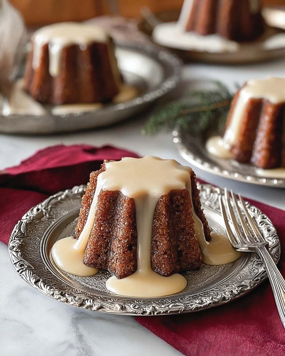 The image shows a small, star-shaped brown cake with a textured surface, topped with a smooth, glossy light tan sauce that flows down its sides and onto a silver ornate plate beneath it. The plate sits on a white marbled surface with a folded dark red napkin partially visible underneath. To the right of the cake, an old-fashioned silver fork rests on the plate. In the background, similar cakes with the same sauce are slightly out of focus, placed on a round metallic tray, enhancing the cozy and inviting feel of the scene. Photo taken with an iphone --ar 4:5 --v 7