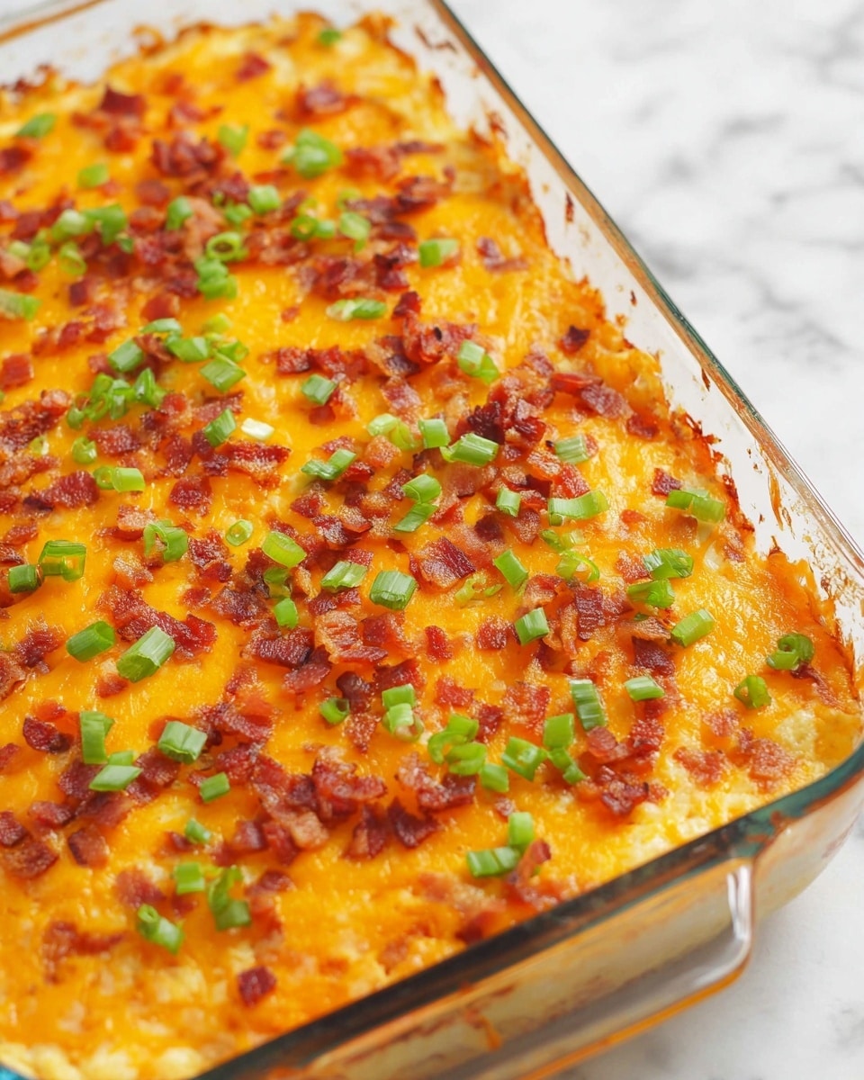 A close-up view of a baked dish in a clear glass rectangular baking dish placed on a white marbled surface. The dish has one main layer made of a golden-orange melted cheddar cheese topping mixed with small crispy bacon bits, spread evenly across the top. Scattered bright green chopped scallions add a fresh color contrast over the cheese and bacon layer. The edges of the cheese are browned slightly, showing a crispy texture, while the center looks soft and cheesy. Photo taken with an iphone --ar 4:5 --v 7