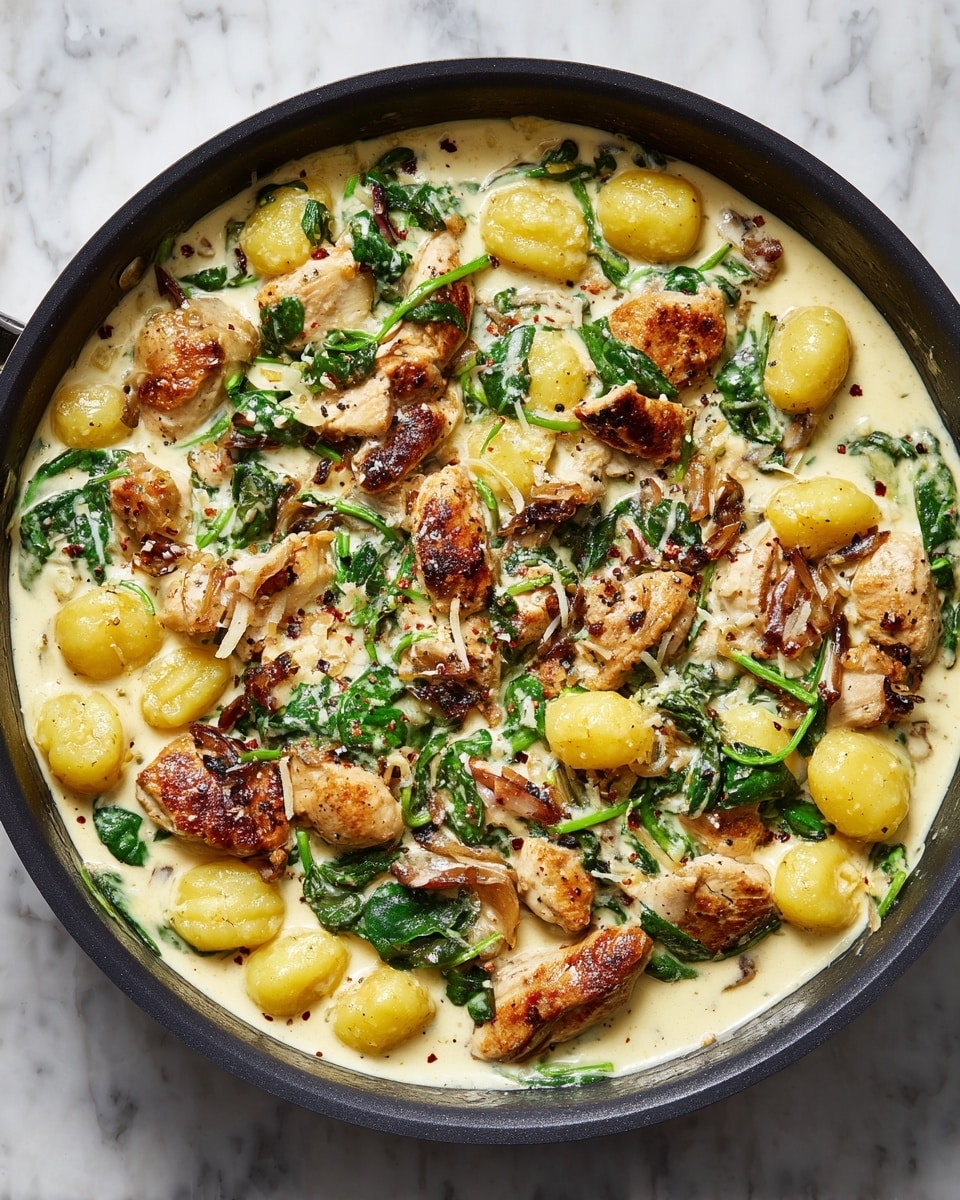 The image shows a pan filled with a creamy dish. There are three main layers: the bottom layer is a light cream sauce with a smooth texture, the middle layer has small, round yellow gnocchi scattered evenly across the pan, and the top layer contains browned, tender chicken pieces, some crispy on the edges, and fresh green spinach leaves mixed throughout. There are small black pepper specks and some grated cheese lightly covering the top, giving a slightly grainy texture. The pan is black and sits on a white marbled surface. photo taken with an iphone --ar 4:5 --v 7