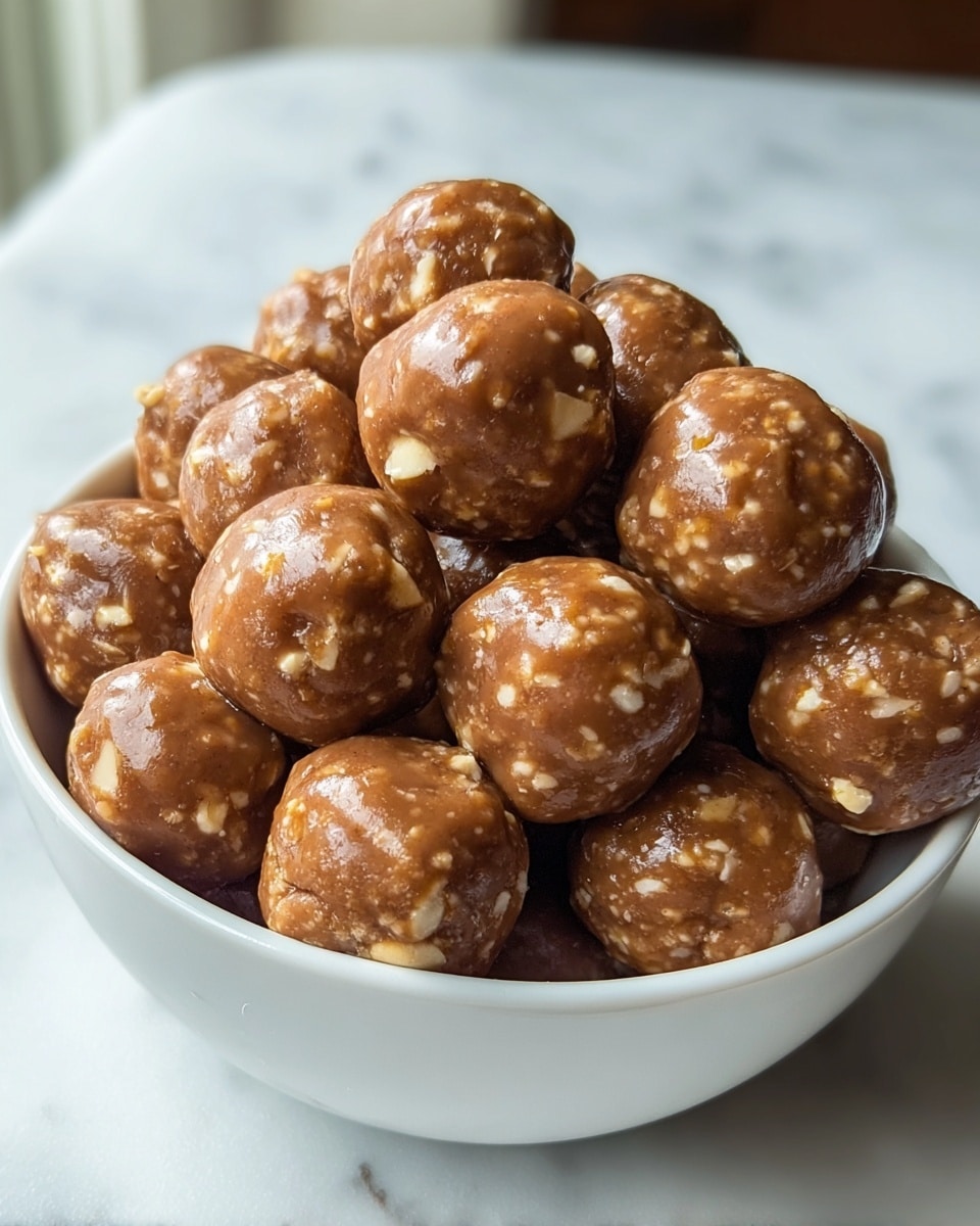A white bowl is filled with multiple round bite-sized treats that have a smooth, shiny brown coating with small nut pieces visible underneath. The balls have a slightly lumpy texture with patches of light-colored nuts showing through, and they are piled closely together to fill the bowl. The background shows soft light coming from a window with a white marbled surface beneath the bowl. Photo taken with an iphone --ar 4:5 --v 7