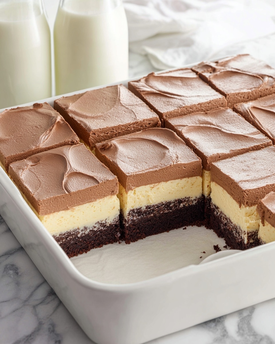 A neat white rectangular baking dish holds a layered dessert cut into nine square pieces, with one piece missing from the corner, revealing three distinct layers: the bottom layer is a yellowish creamy cheesecake, the middle layer is dark brown chocolate cake, and the top layer is a smooth, thick, light brown chocolate mousse slightly swirled on the surface. The dish sits on a white marbled background, and two glass bottles of milk are slightly blurred in the back left corner. Photo taken with an iphone --ar 4:5 --v 7