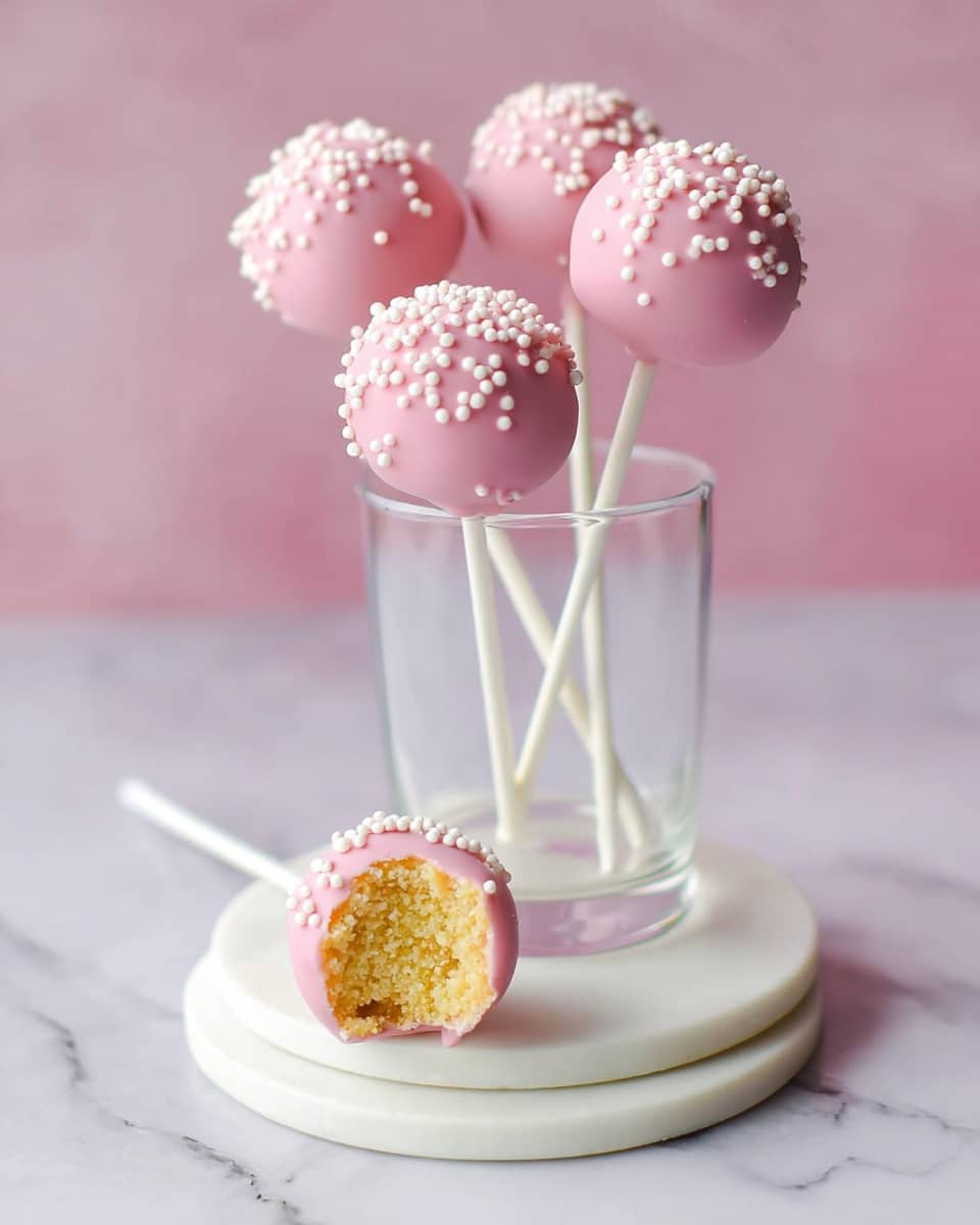 The image shows four cake pops with pink coating and small white round sprinkles on top. Three of the cake pops are inside a clear glass, arranged standing with white sticks, and one is outside on the white marbled surface. One cake pop inside the glass has a large bite taken out, showing a yellow, crumbly cake inside. The glass sits on two stacked white coasters with smooth edges, and the background has a soft pink color. photo taken with an iphone --ar 4:5 --v 7