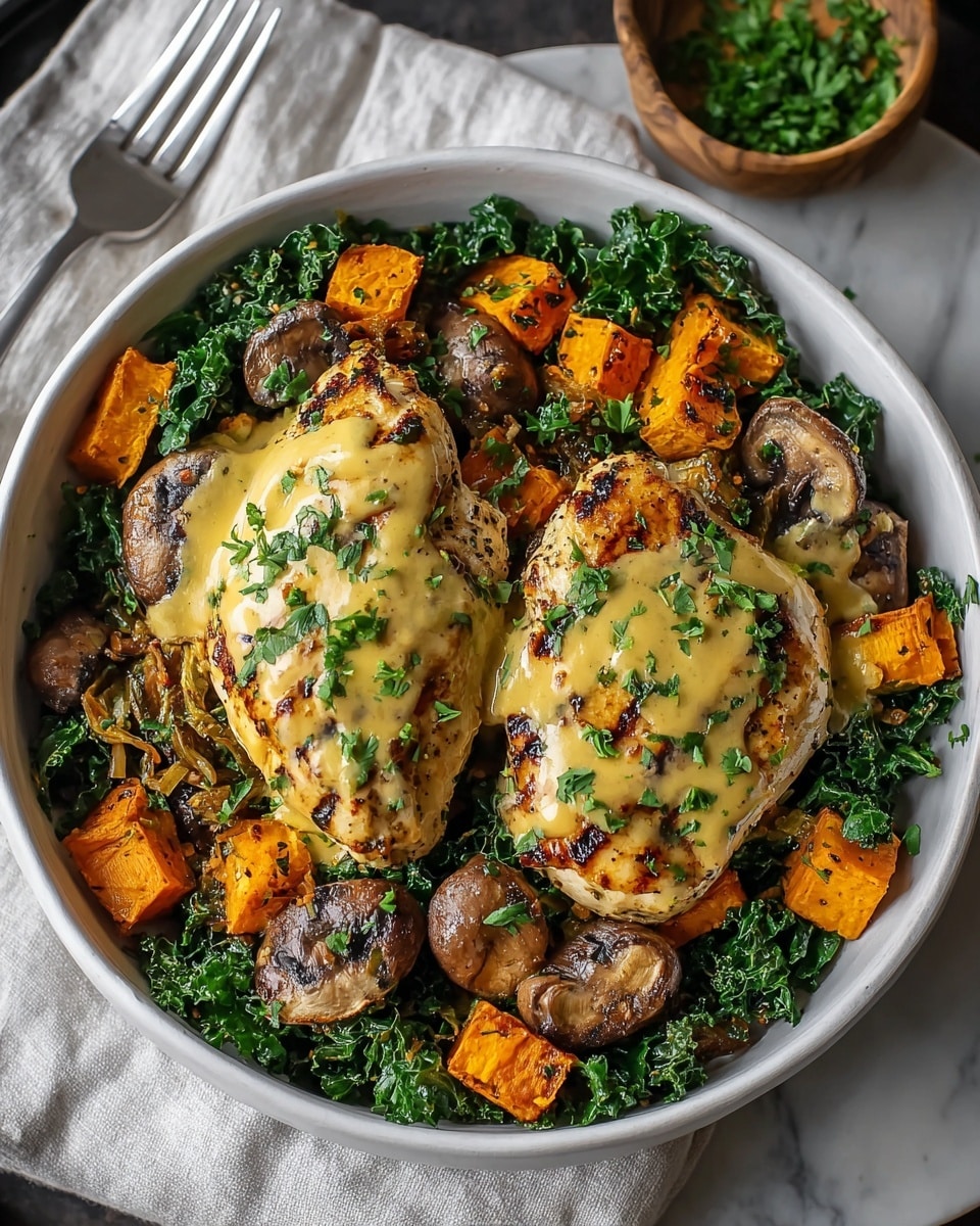 The dish shows a white bowl filled with a base layer of dark green cooked kale, mixed with browned sautéed mushrooms and roasted orange sweet potato cubes scattered around. On top, two grilled chicken breasts with golden brown marks are placed side by side, covered in a creamy light yellow sauce sprinkled with chopped fresh green herbs. The bowl sits on a white marbled surface next to a silver fork on a light cloth. Photo taken with an iphone --ar 4:5 --v 7
