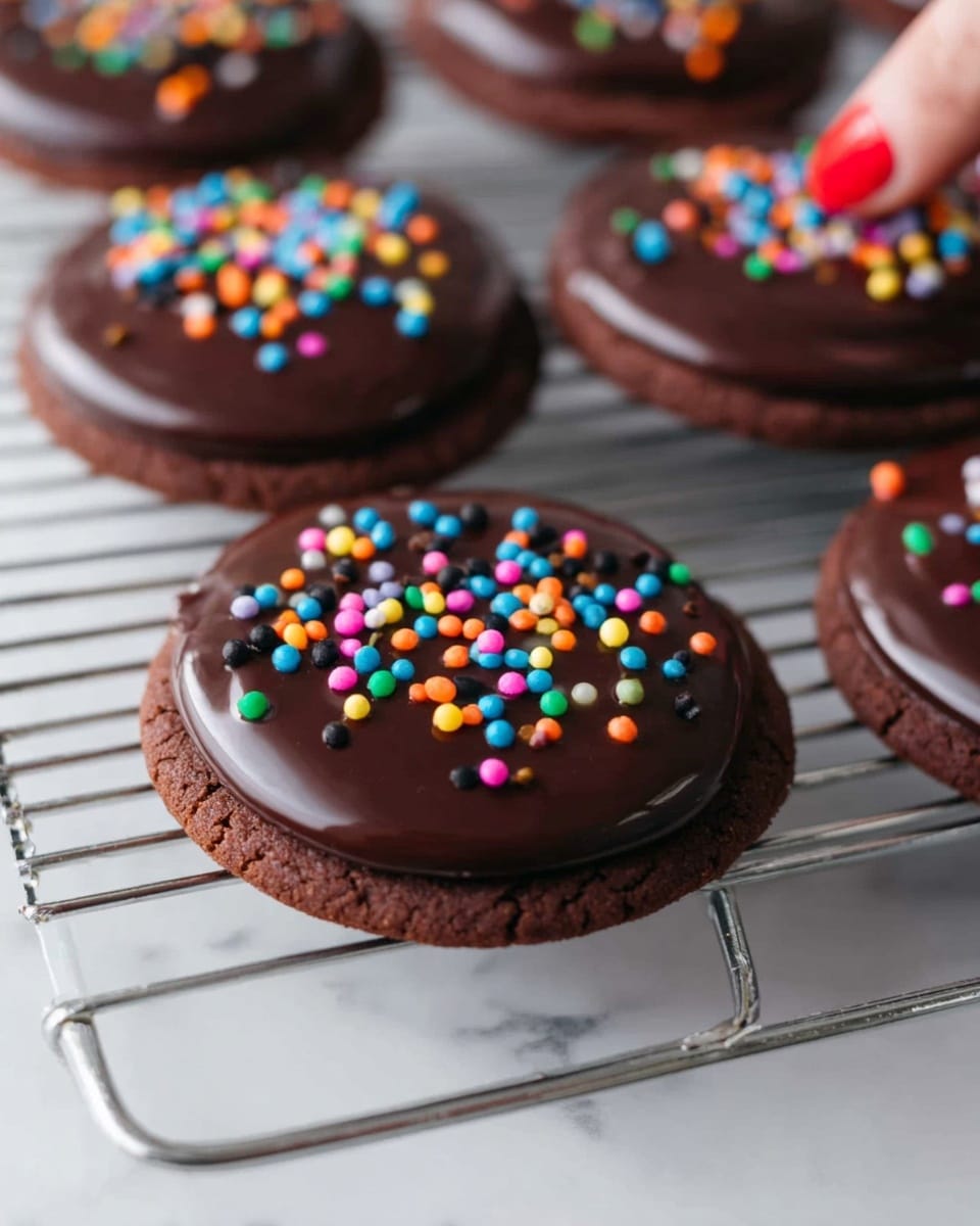 The image shows a close-up of large chocolate cookies on a metal cooling rack. Each cookie has two layers: the bottom layer is a dark brown, soft-looking cookie base, and the top layer is a glossy, smooth dark chocolate icing spread in a round shape covering the upper surface. On top of the chocolate icing, there are colorful small candy sprinkles in bright colors like blue, orange, pink, green, yellow, and black, scattered evenly. The background is a white marbled texture, with parts of a woman's hand visible at the top, holding one cookie with red-painted nails. Photo taken with an iphone --ar 4:5 --v 7