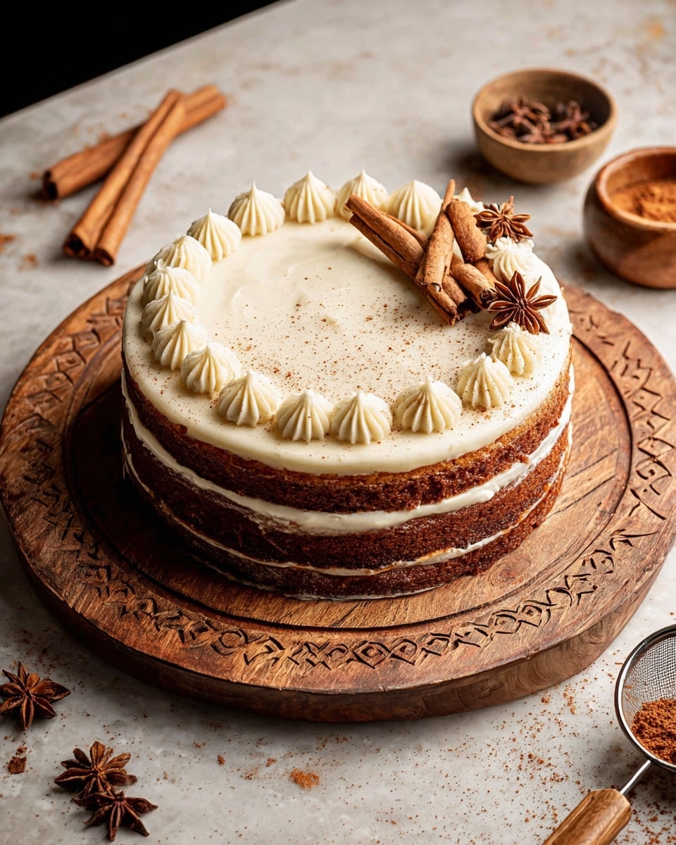 A two-layer round cake with light brown sponge layers separated and topped by smooth creamy white frosting. The frosting on top is decorated with small cream dollops around the edge and sprinkled with fine cinnamon powder. Three cinnamon sticks and three star anise pieces rest neatly on one side of the top layer. The cake sits on a carved wooden board, surrounded by a small bowl of star anise and a sifter with spice powder on a white marbled textured surface. photo taken with an iphone --ar 4:5 --v 7