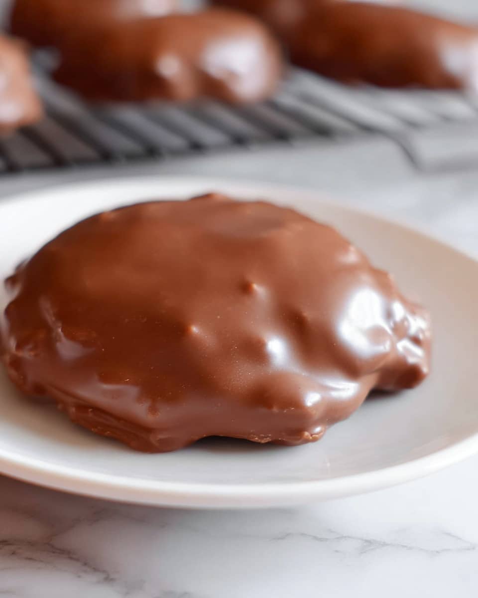 A close-up shows a woman's hand holding a chocolate-covered cookie with a bite taken out, revealing its two layers: a smooth, glossy milk chocolate outer coating and a dark, dense, slightly crumbly cookie center. The cookie has a ridged edge and a rich texture contrast between the shiny chocolate shell and the moist inner cookie. Behind it, there is another whole cookie blurred on a white marbled surface. Photo taken with an iphone --ar 4:5 --v 7