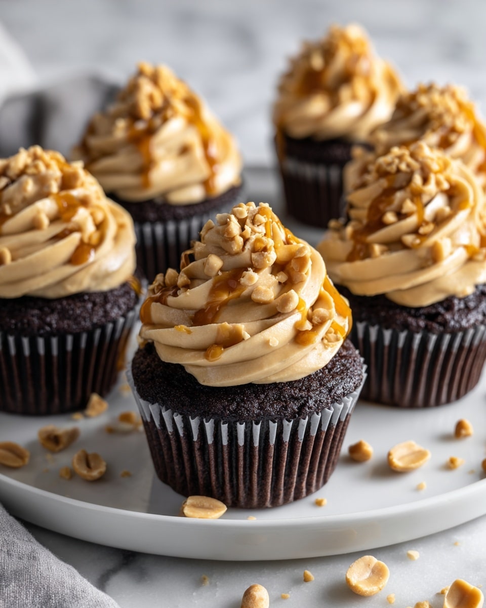 The image shows six small dark brown chocolate cupcakes arranged on a white plate with a white marbled surface underneath. Each cupcake is topped with a thick swirl of light tan peanut butter frosting, which has a creamy and smooth texture. The frosting is sprinkled with chopped peanuts and drizzled with a light caramel sauce that glistens slightly in the light. Around the plate and on the surface, there are scattered whole and chopped peanuts adding to the rustic look. The cupcakes are evenly spaced, with the closest one in sharp focus and the others gently blurred in the background. photo taken with an iphone --ar 4:5 --v 7