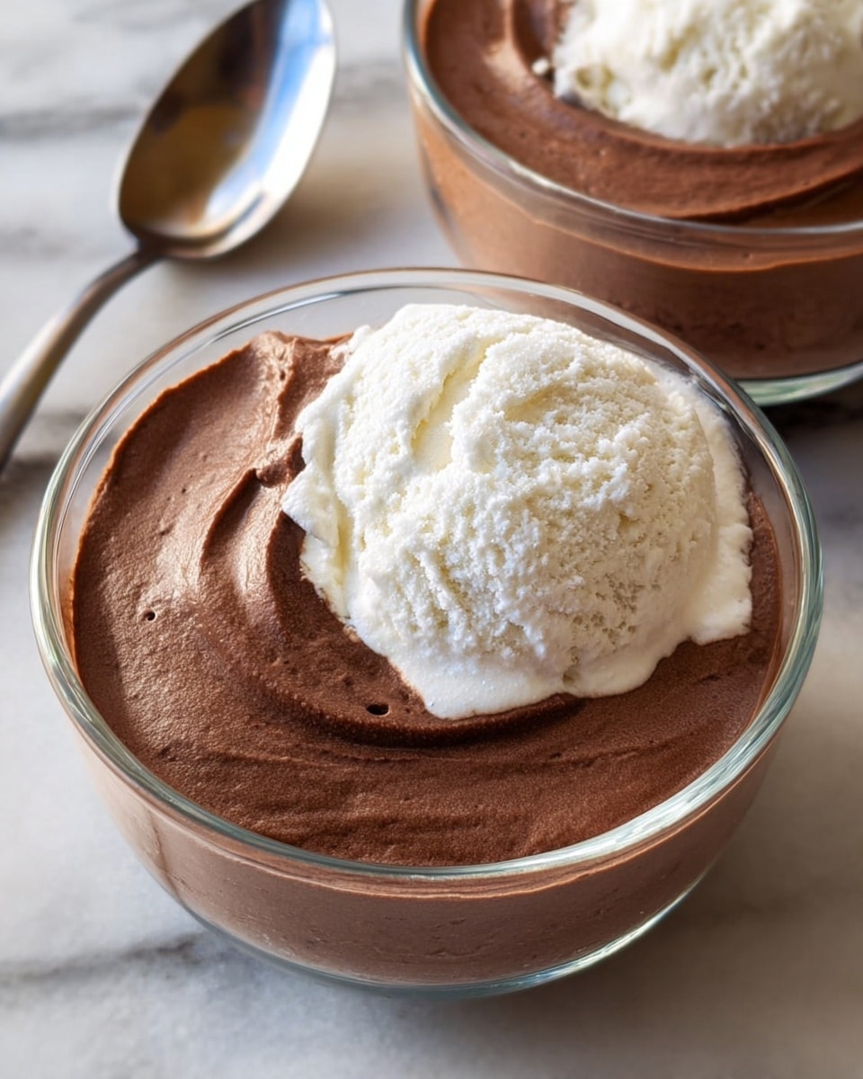 Two clear glass bowls each hold two layers of dessert; the bottom layer is creamy and smooth dark brown chocolate mousse, and on top sits a single scoop of white vanilla ice cream with a slightly rough texture. The bowls are placed on a white marbled surface, with a shiny silver spoon visible in the top left corner near one bowl. The image focuses closely on the desserts, showing the soft swirls of the chocolate mousse and the cold creaminess of the ice cream. photo taken with an iphone --ar 4:5 --v 7