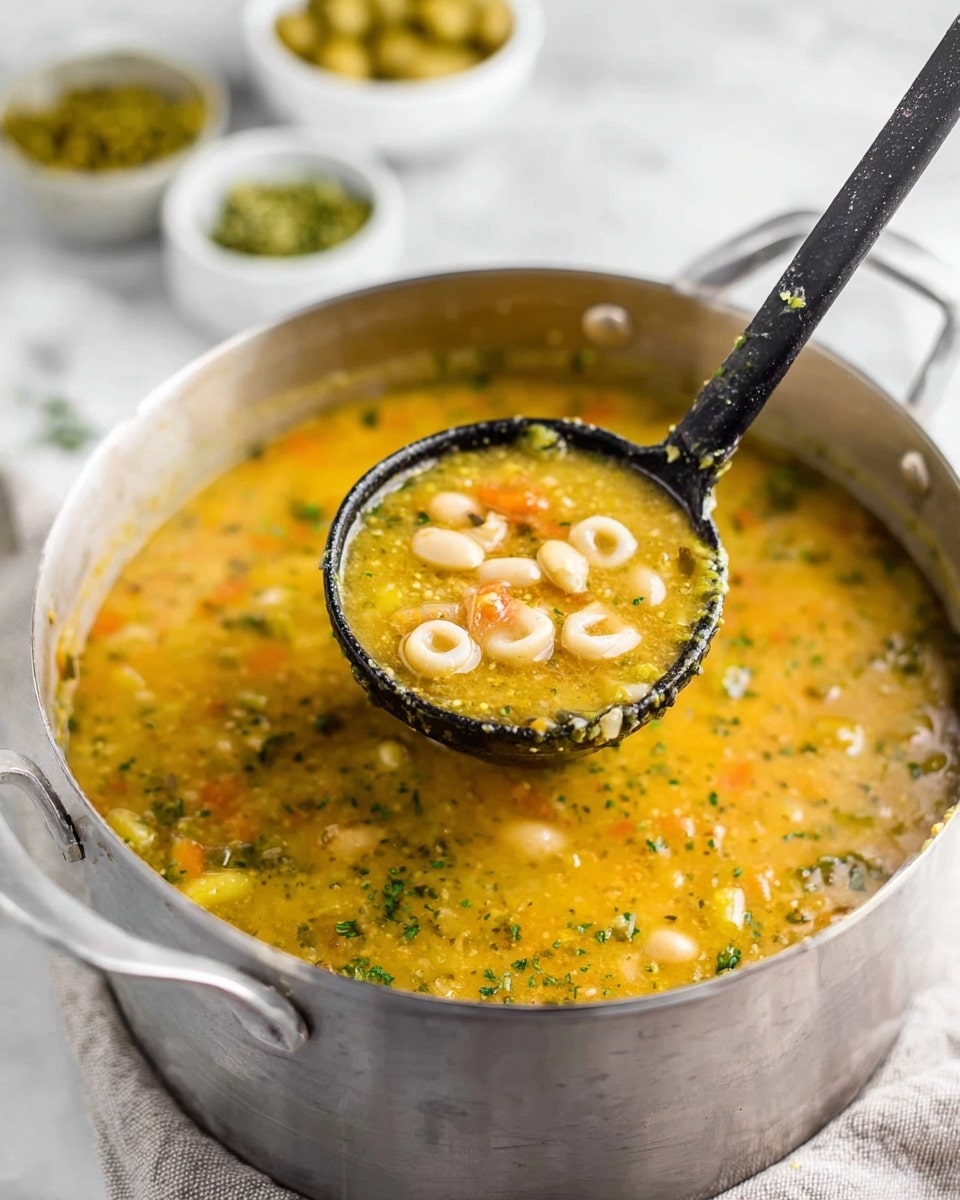 A white bowl filled with thick soup containing white beans, sliced green olives, and herbs, all floating in a light golden broth with visible small bits of vegetables and greens. A slice of brown bread with a rough, airy texture is being dipped into the soup by a woman's hand, showing the bread partially submerged. The bowl sits on a matching white plate on a white marbled surface, with some more slices of the same bread nearby. The background is softly blurred but keeps the light and clean atmosphere. Photo taken with an iphone --ar 4:5 --v 7