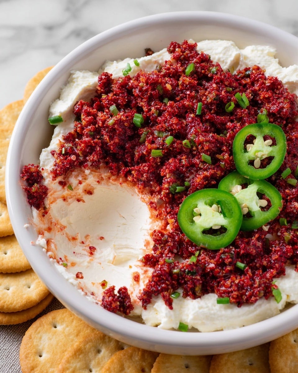 A white bowl holds two main layers: the bottom layer is smooth and creamy white cream cheese spread thickly and evenly around the edges, while the top layer is a coarse, bright red mixture with small bits and some green flecks throughout, giving a textured look; on top of this red layer, there are three slices of fresh green jalapeño pepper placed near the upper right side and one slice near the bottom right side; part of the cream cheese layer is slightly scooped out on the left side, revealing its smoothness. The bowl is set on a white marbled surface, with round crackers placed nearby on the left side. photo taken with an iphone --ar 4:5 --v 7