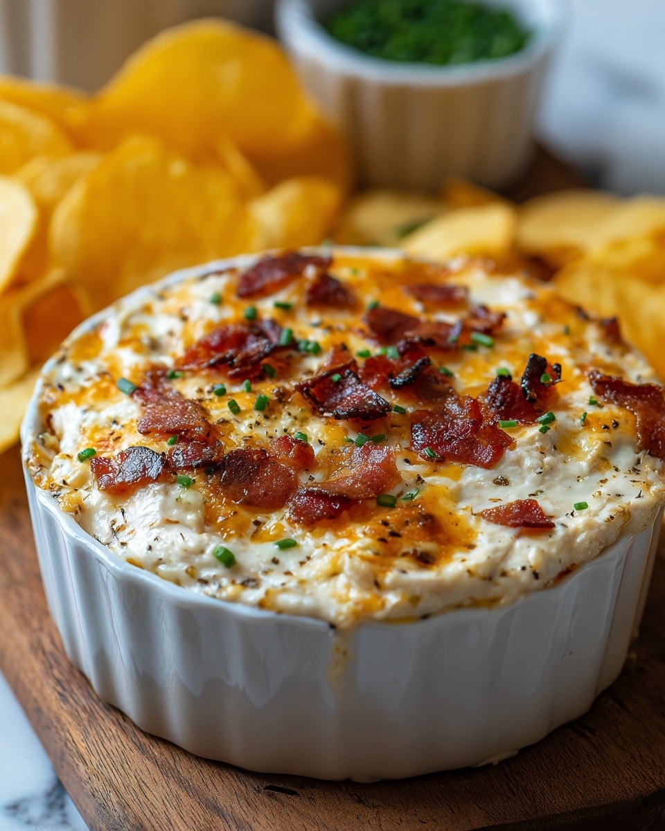 A white fluted ceramic dish filled with a creamy baked dip topped with melted golden-brown cheese, scattered crispy dark brown bacon bits, and small green chive pieces, with a light sprinkle of black pepper on top, placed on a wooden board and surrounded by yellow potato chips and a white bowl of green herbs in the blurred background on a white marbled texture surface. photo taken with an iphone --ar 4:5 --v 7